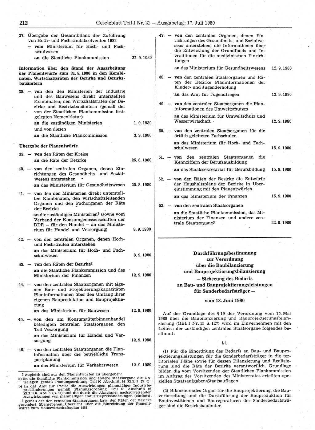 Gesetzblatt (GBl.) der Deutschen Demokratischen Republik (DDR) Teil Ⅰ 1980, Seite 212 (GBl. DDR Ⅰ 1980, S. 212)