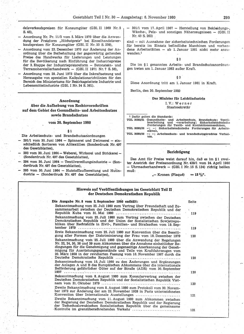 Gesetzblatt (GBl.) der Deutschen Demokratischen Republik (DDR) Teil Ⅰ 1980, Seite 299 (GBl. DDR Ⅰ 1980, S. 299)