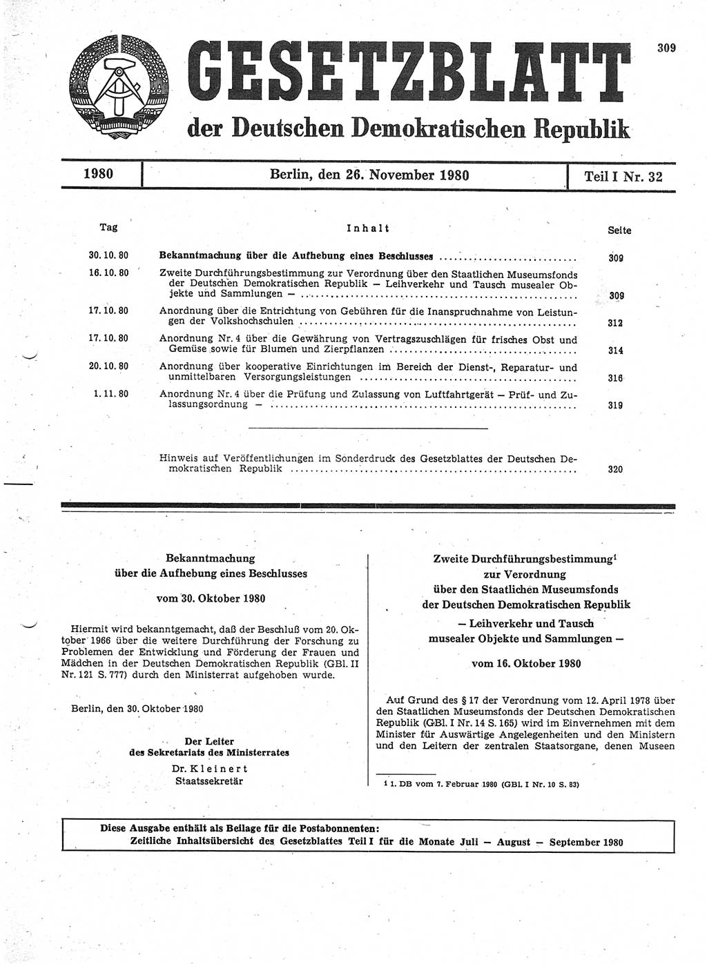 Gesetzblatt (GBl.) der Deutschen Demokratischen Republik (DDR) Teil Ⅰ 1980, Seite 309 (GBl. DDR Ⅰ 1980, S. 309)