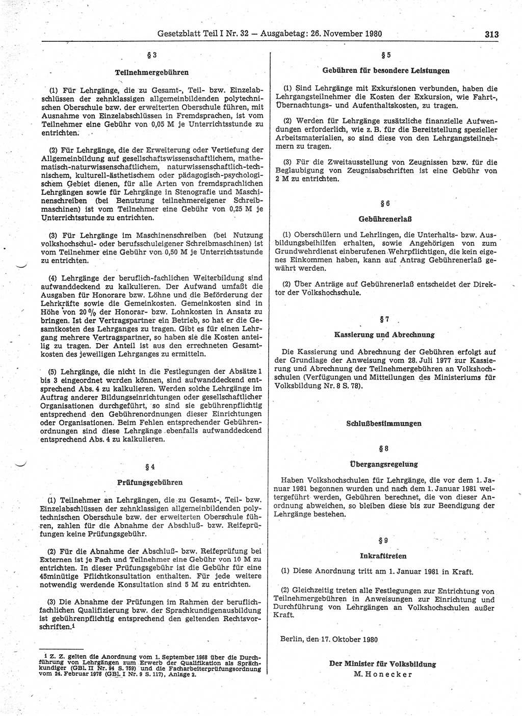 Gesetzblatt (GBl.) der Deutschen Demokratischen Republik (DDR) Teil Ⅰ 1980, Seite 313 (GBl. DDR Ⅰ 1980, S. 313)