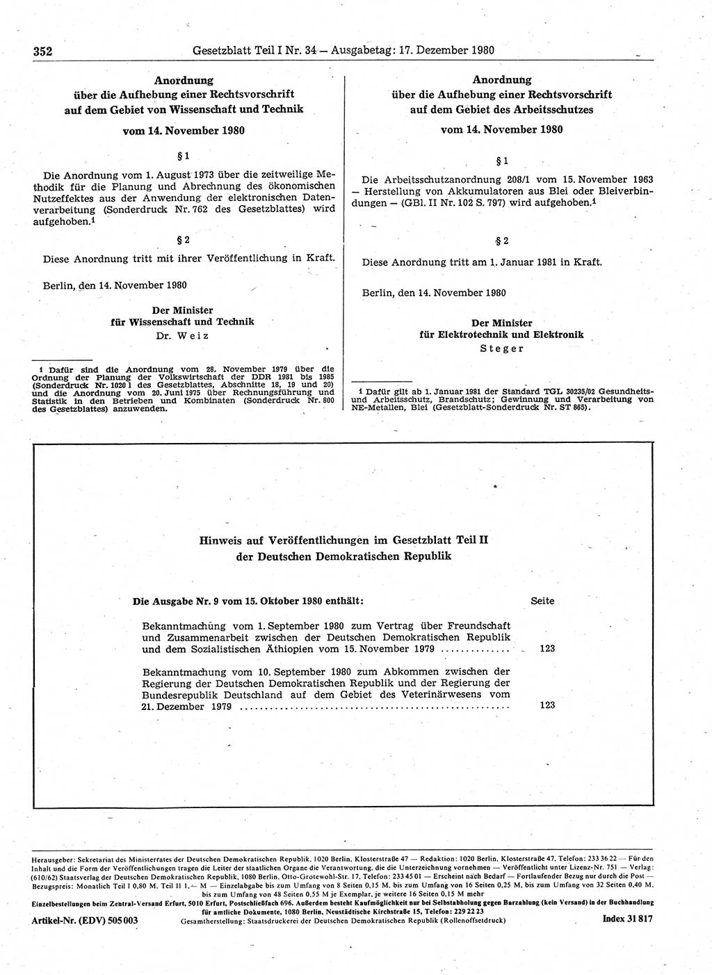 Gesetzblatt (GBl.) der Deutschen Demokratischen Republik (DDR) Teil Ⅰ 1980, Seite 352 (GBl. DDR Ⅰ 1980, S. 352)