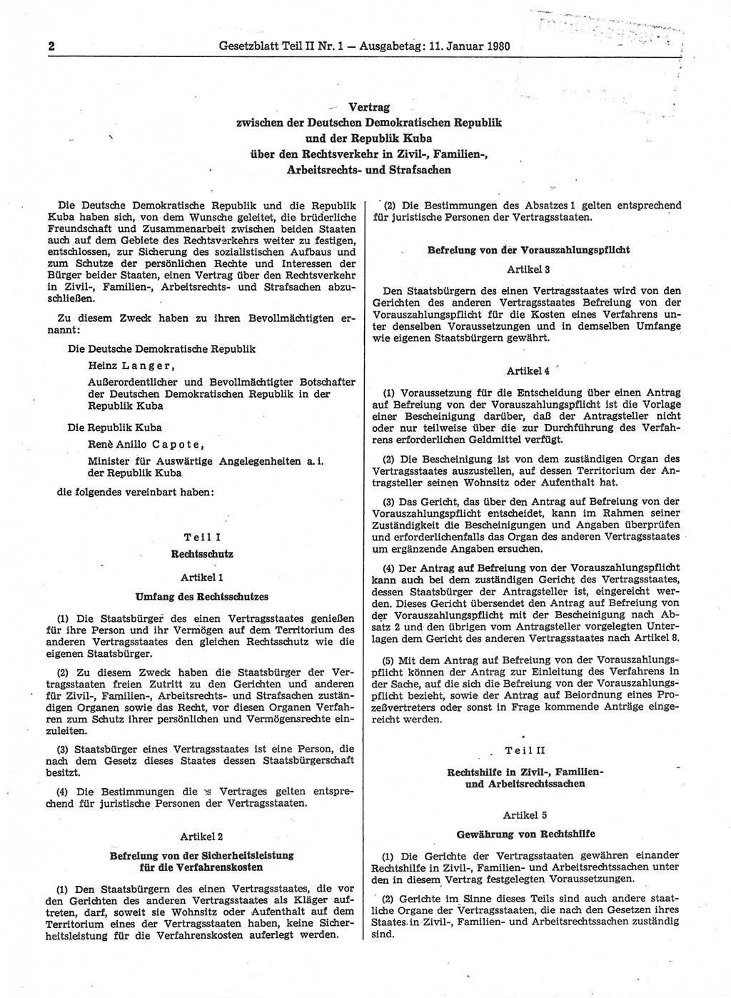 Gesetzblatt (GBl.) der Deutschen Demokratischen Republik (DDR) Teil ⅠⅠ 1980, Seite 2 (GBl. DDR ⅠⅠ 1980, S. 2)