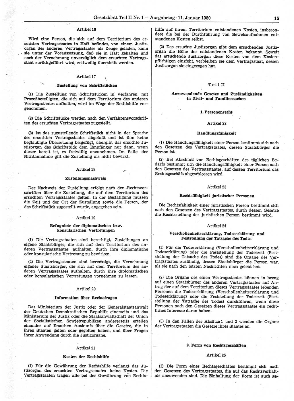 Gesetzblatt (GBl.) der Deutschen Demokratischen Republik (DDR) Teil ⅠⅠ 1980, Seite 15 (GBl. DDR ⅠⅠ 1980, S. 15)