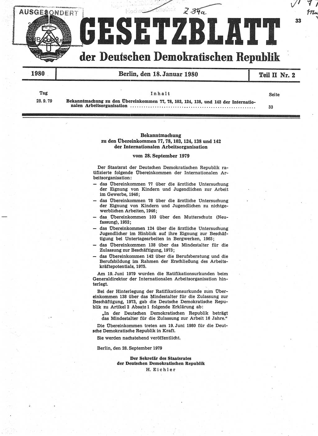 Gesetzblatt (GBl.) der Deutschen Demokratischen Republik (DDR) Teil ⅠⅠ 1980, Seite 33 (GBl. DDR ⅠⅠ 1980, S. 33)