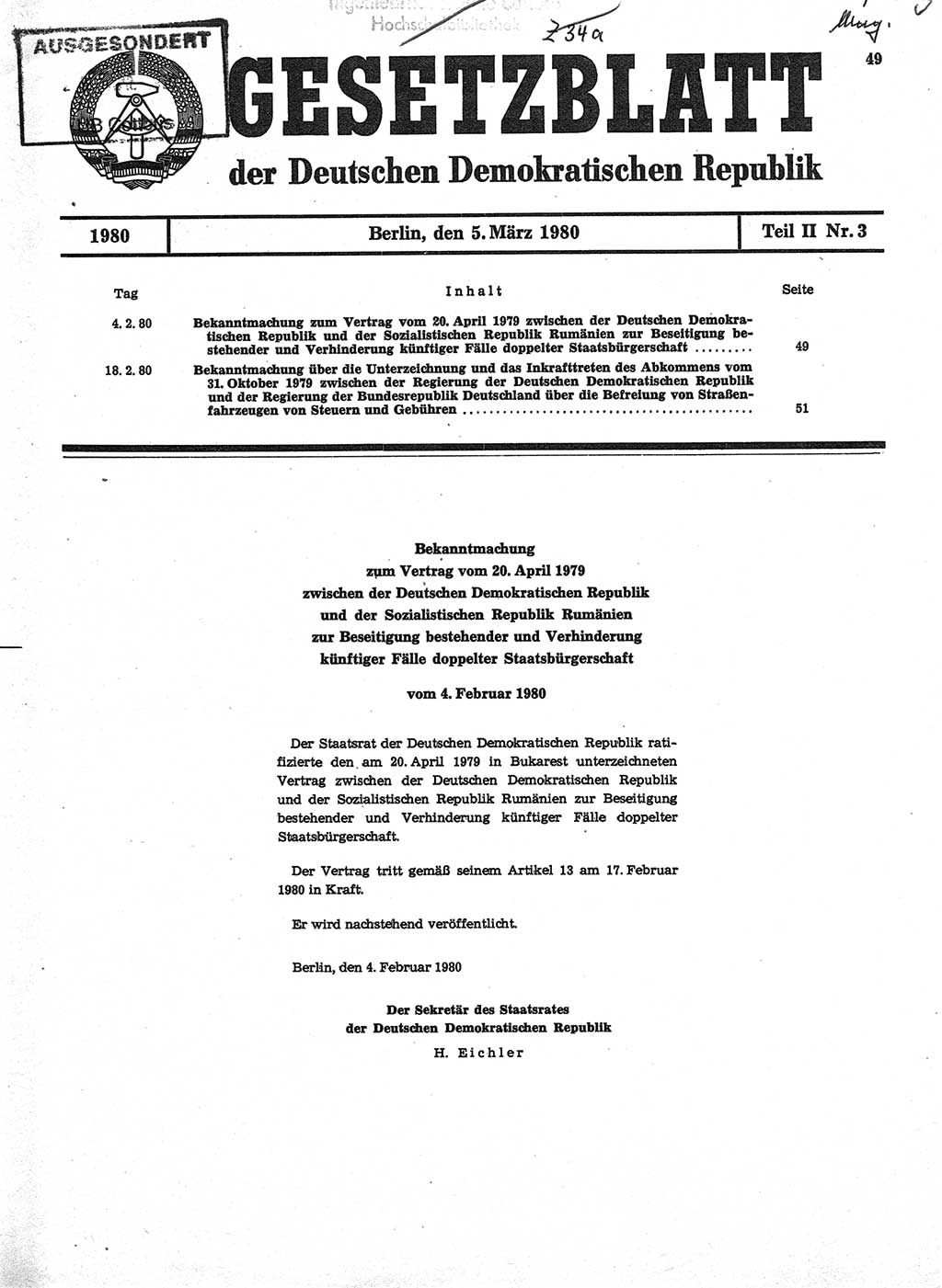 Gesetzblatt (GBl.) der Deutschen Demokratischen Republik (DDR) Teil ⅠⅠ 1980, Seite 49 (GBl. DDR ⅠⅠ 1980, S. 49)