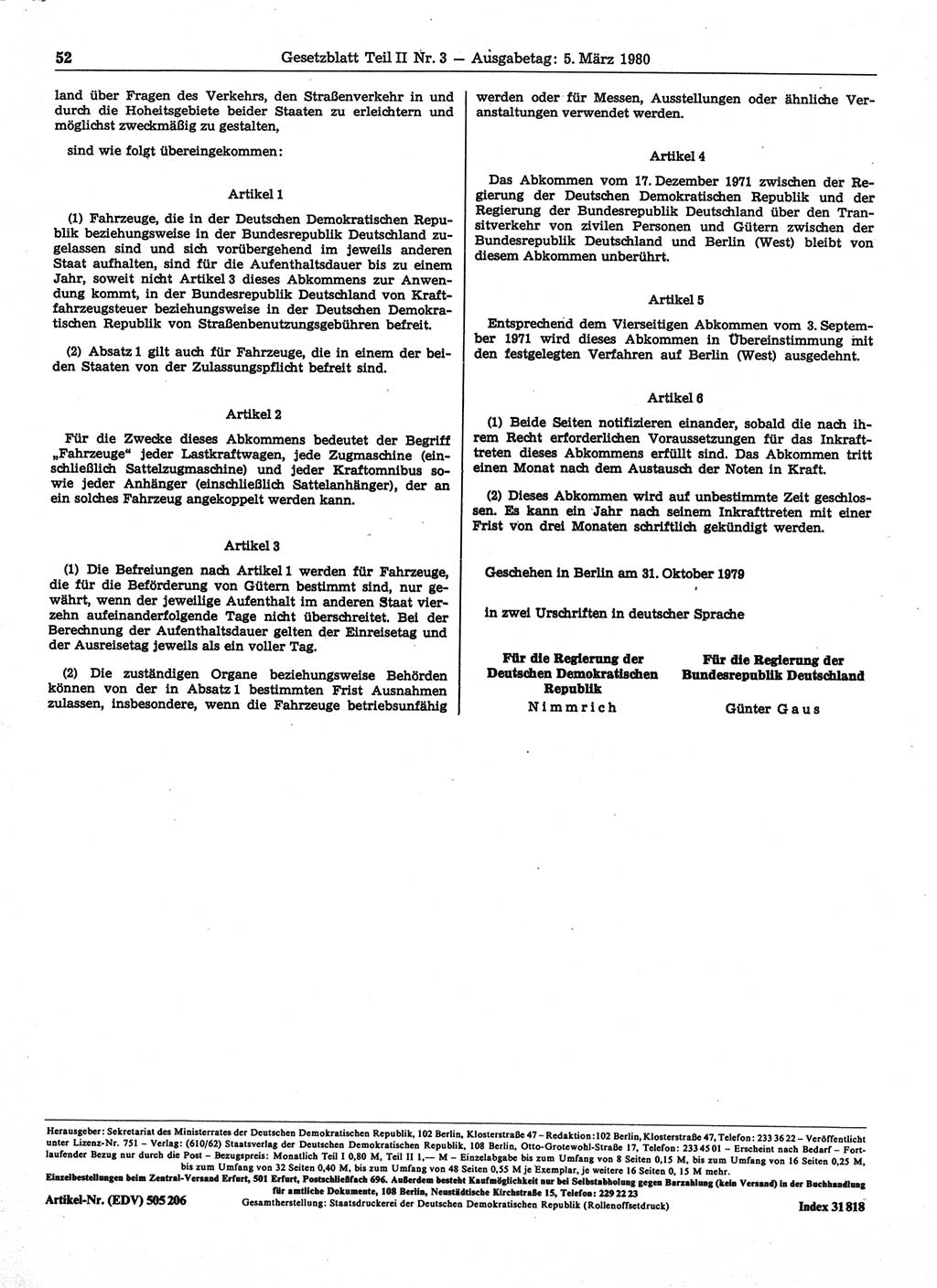 Gesetzblatt (GBl.) der Deutschen Demokratischen Republik (DDR) Teil ⅠⅠ 1980, Seite 52 (GBl. DDR ⅠⅠ 1980, S. 52)