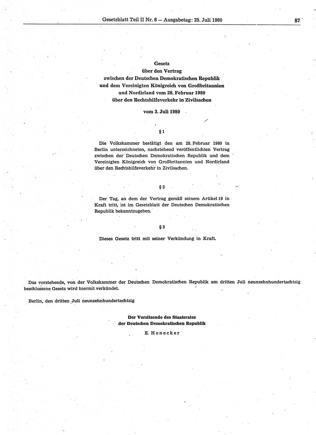Gesetzblatt (GBl.) der Deutschen Demokratischen Republik (DDR) Teil ⅠⅠ 1980, Seite 87 (GBl. DDR ⅠⅠ 1980, S. 87)