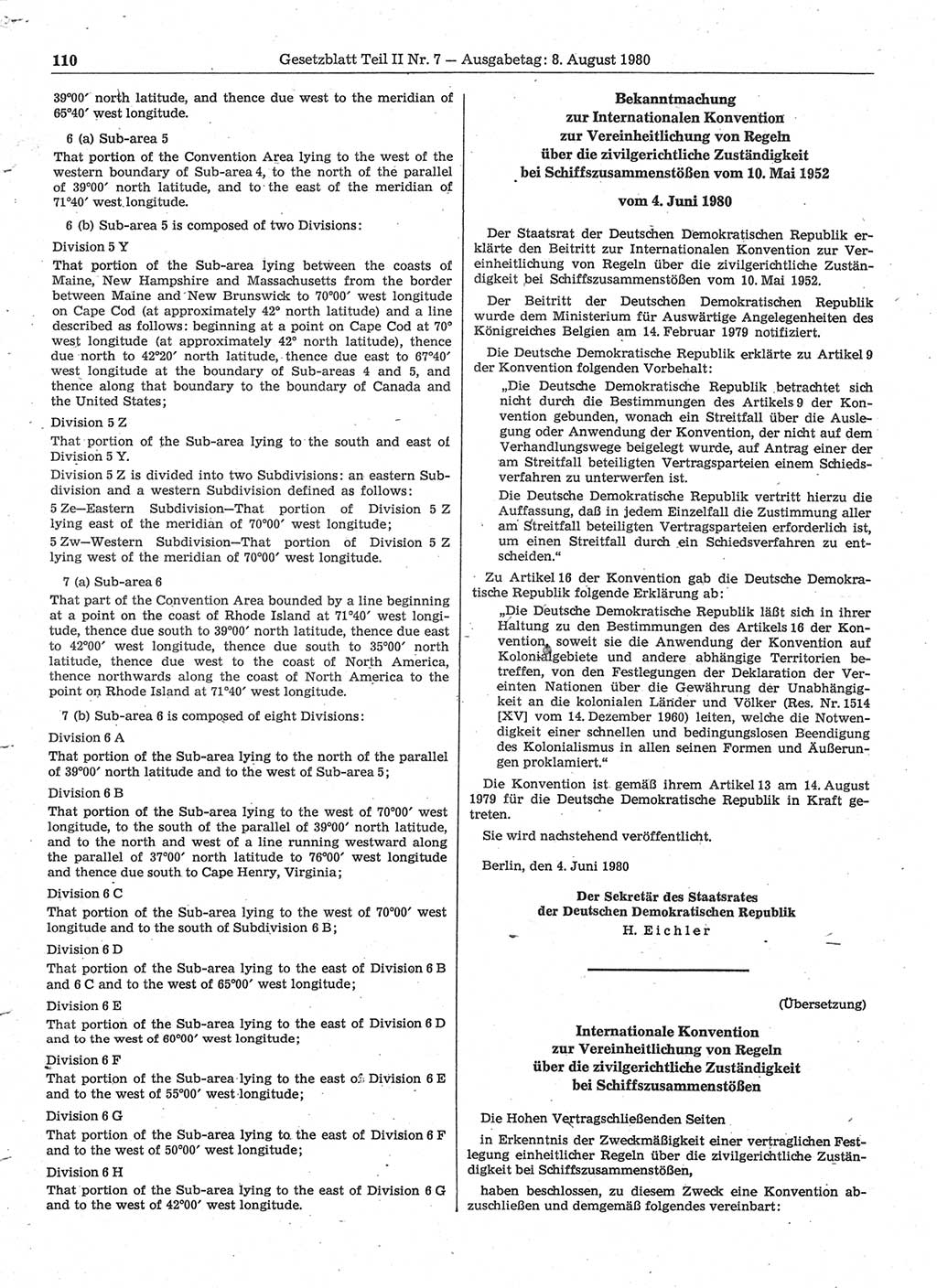 Gesetzblatt (GBl.) der Deutschen Demokratischen Republik (DDR) Teil ⅠⅠ 1980, Seite 110 (GBl. DDR ⅠⅠ 1980, S. 110)