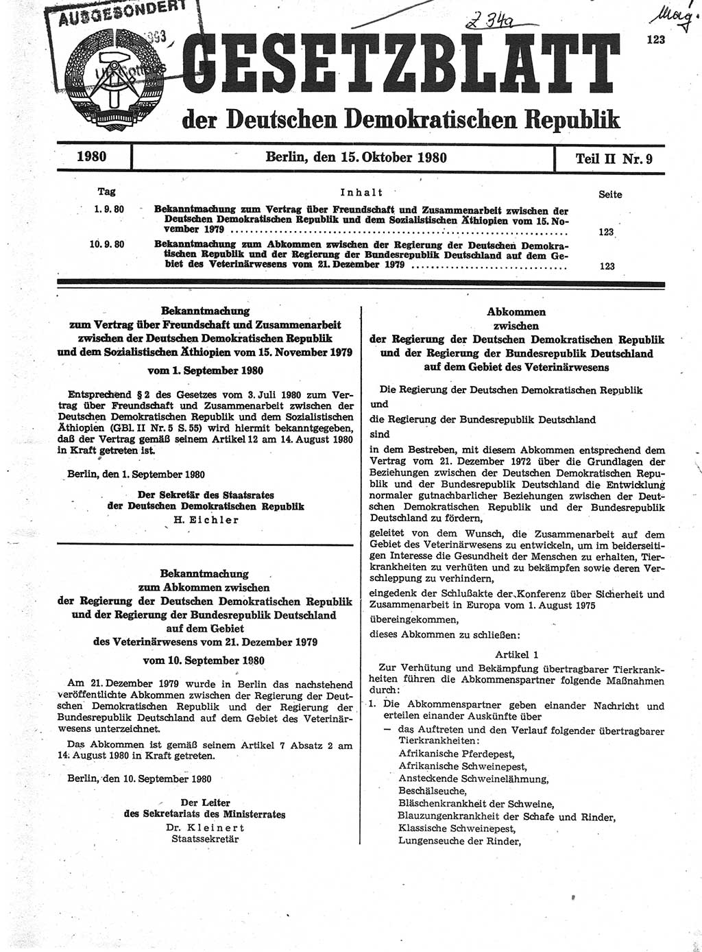 Gesetzblatt (GBl.) der Deutschen Demokratischen Republik (DDR) Teil ⅠⅠ 1980, Seite 123 (GBl. DDR ⅠⅠ 1980, S. 123)