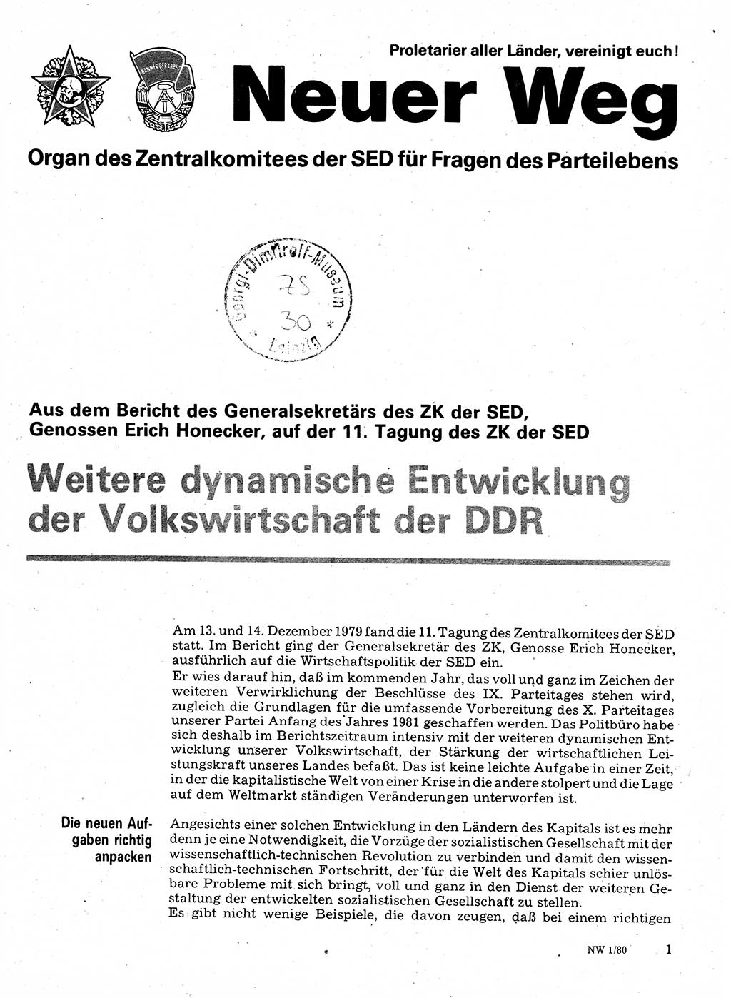 Neuer Weg (NW), Organ des Zentralkomitees (ZK) der SED (Sozialistische Einheitspartei Deutschlands) für Fragen des Parteilebens, 35. Jahrgang [Deutsche Demokratische Republik (DDR)] 1980, Seite 1 (NW ZK SED DDR 1980, S. 1)