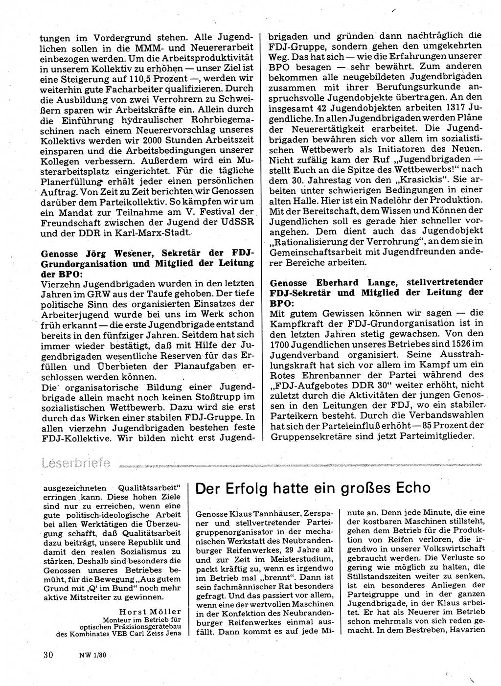 Neuer Weg (NW), Organ des Zentralkomitees (ZK) der SED (Sozialistische Einheitspartei Deutschlands) für Fragen des Parteilebens, 35. Jahrgang [Deutsche Demokratische Republik (DDR)] 1980, Seite 30 (NW ZK SED DDR 1980, S. 30)