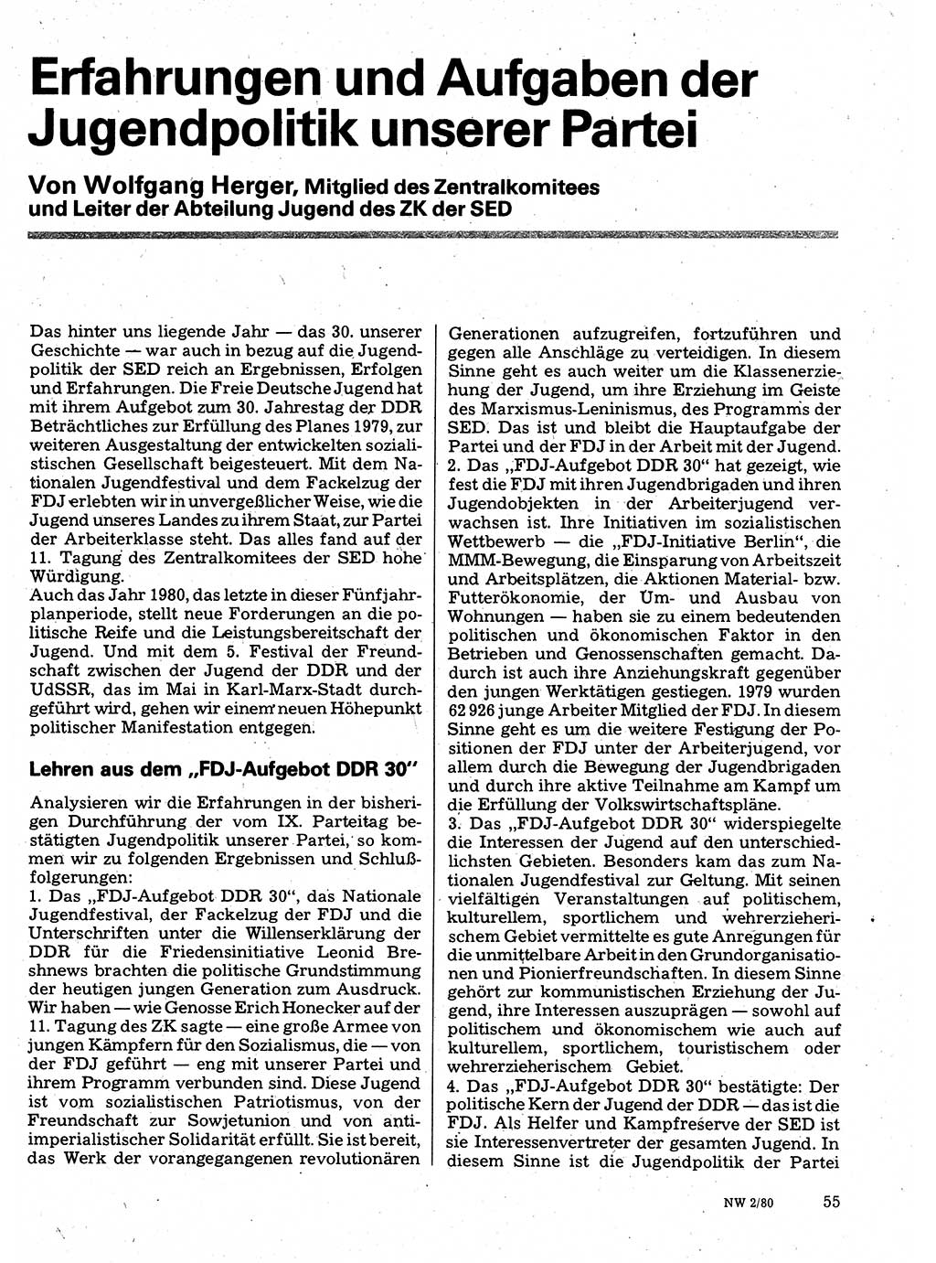 Neuer Weg (NW), Organ des Zentralkomitees (ZK) der SED (Sozialistische Einheitspartei Deutschlands) für Fragen des Parteilebens, 35. Jahrgang [Deutsche Demokratische Republik (DDR)] 1980, Seite 55 (NW ZK SED DDR 1980, S. 55)