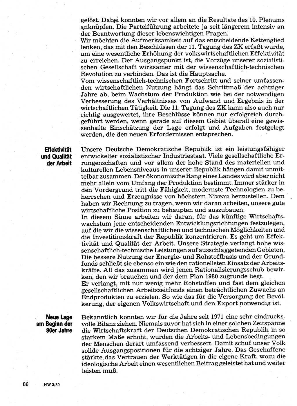 Neuer Weg (NW), Organ des Zentralkomitees (ZK) der SED (Sozialistische Einheitspartei Deutschlands) für Fragen des Parteilebens, 35. Jahrgang [Deutsche Demokratische Republik (DDR)] 1980, Seite 86 (NW ZK SED DDR 1980, S. 86)