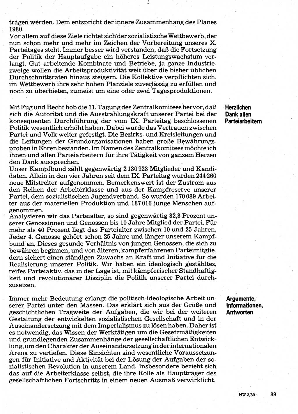 Neuer Weg (NW), Organ des Zentralkomitees (ZK) der SED (Sozialistische Einheitspartei Deutschlands) für Fragen des Parteilebens, 35. Jahrgang [Deutsche Demokratische Republik (DDR)] 1980, Seite 89 (NW ZK SED DDR 1980, S. 89)