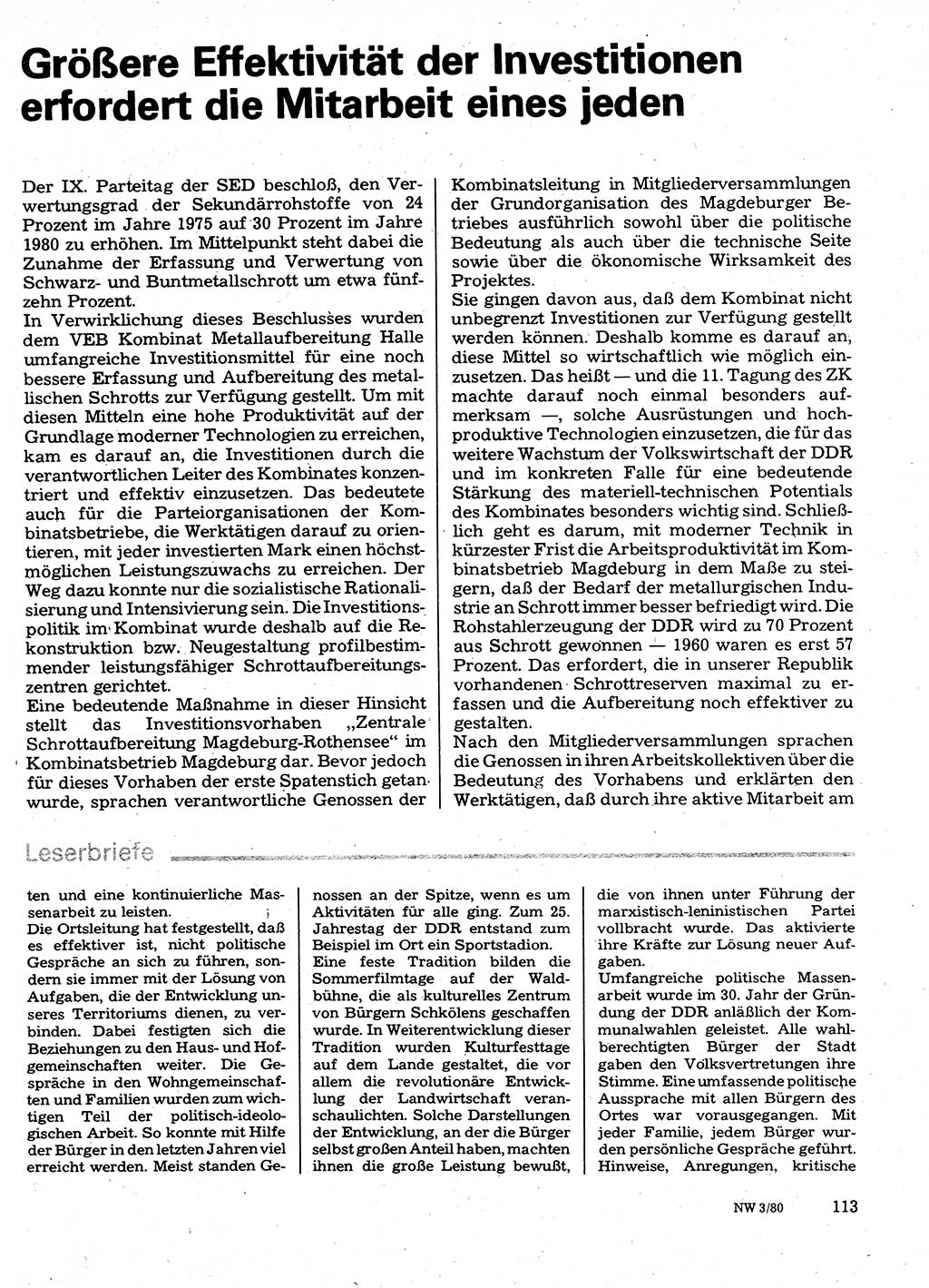 Neuer Weg (NW), Organ des Zentralkomitees (ZK) der SED (Sozialistische Einheitspartei Deutschlands) für Fragen des Parteilebens, 35. Jahrgang [Deutsche Demokratische Republik (DDR)] 1980, Seite 113 (NW ZK SED DDR 1980, S. 113)