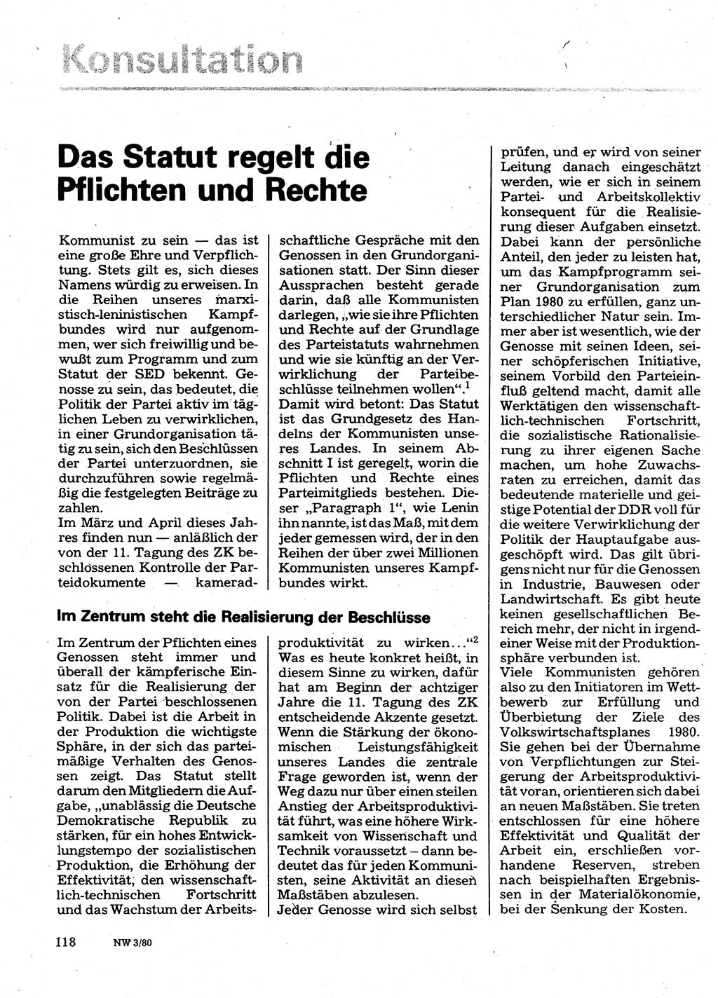 Neuer Weg (NW), Organ des Zentralkomitees (ZK) der SED (Sozialistische Einheitspartei Deutschlands) für Fragen des Parteilebens, 35. Jahrgang [Deutsche Demokratische Republik (DDR)] 1980, Seite 118 (NW ZK SED DDR 1980, S. 118)