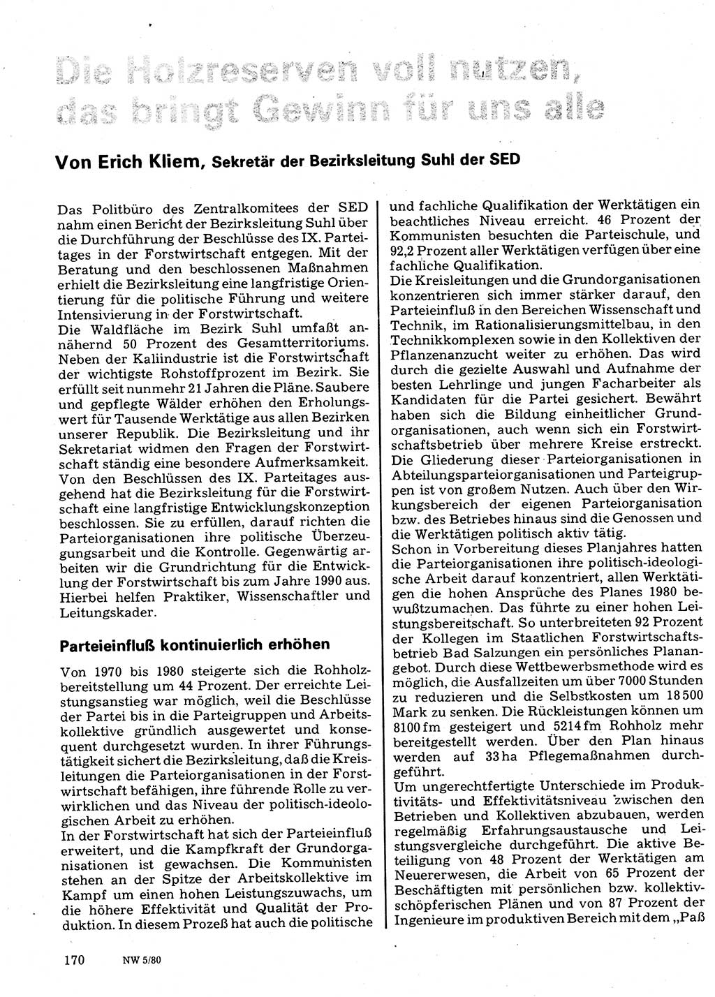 Neuer Weg (NW), Organ des Zentralkomitees (ZK) der SED (Sozialistische Einheitspartei Deutschlands) für Fragen des Parteilebens, 35. Jahrgang [Deutsche Demokratische Republik (DDR)] 1980, Seite 170 (NW ZK SED DDR 1980, S. 170)