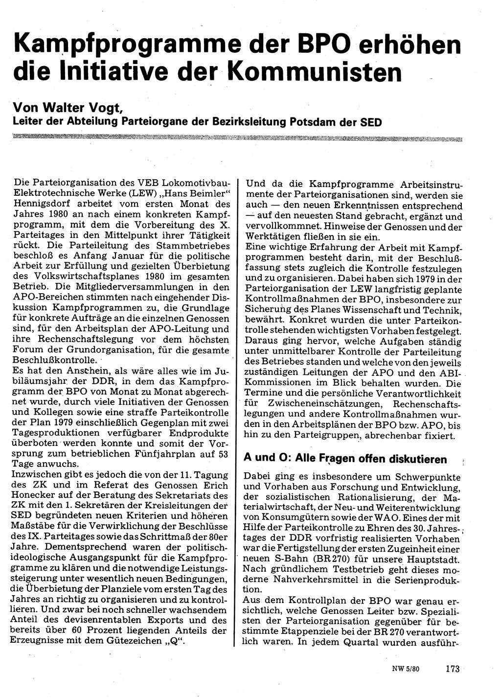 Neuer Weg (NW), Organ des Zentralkomitees (ZK) der SED (Sozialistische Einheitspartei Deutschlands) für Fragen des Parteilebens, 35. Jahrgang [Deutsche Demokratische Republik (DDR)] 1980, Seite 173 (NW ZK SED DDR 1980, S. 173)