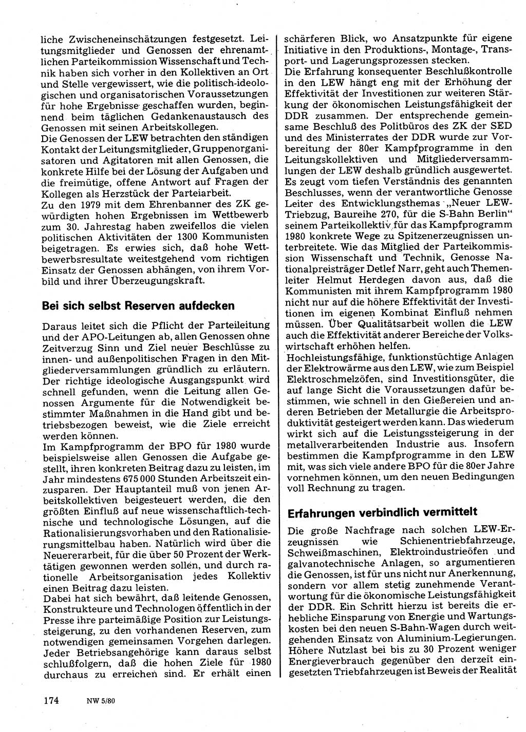 Neuer Weg (NW), Organ des Zentralkomitees (ZK) der SED (Sozialistische Einheitspartei Deutschlands) für Fragen des Parteilebens, 35. Jahrgang [Deutsche Demokratische Republik (DDR)] 1980, Seite 174 (NW ZK SED DDR 1980, S. 174)