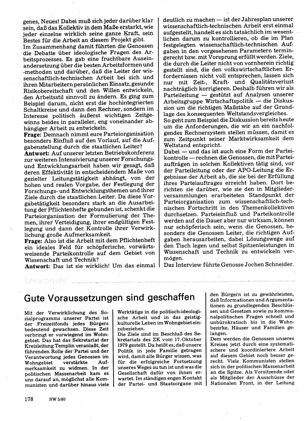 Neuer Weg (NW), Organ des Zentralkomitees (ZK) der SED (Sozialistische Einheitspartei Deutschlands) für Fragen des Parteilebens, 35. Jahrgang [Deutsche Demokratische Republik (DDR)] 1980, Seite 178 (NW ZK SED DDR 1980, S. 178)
