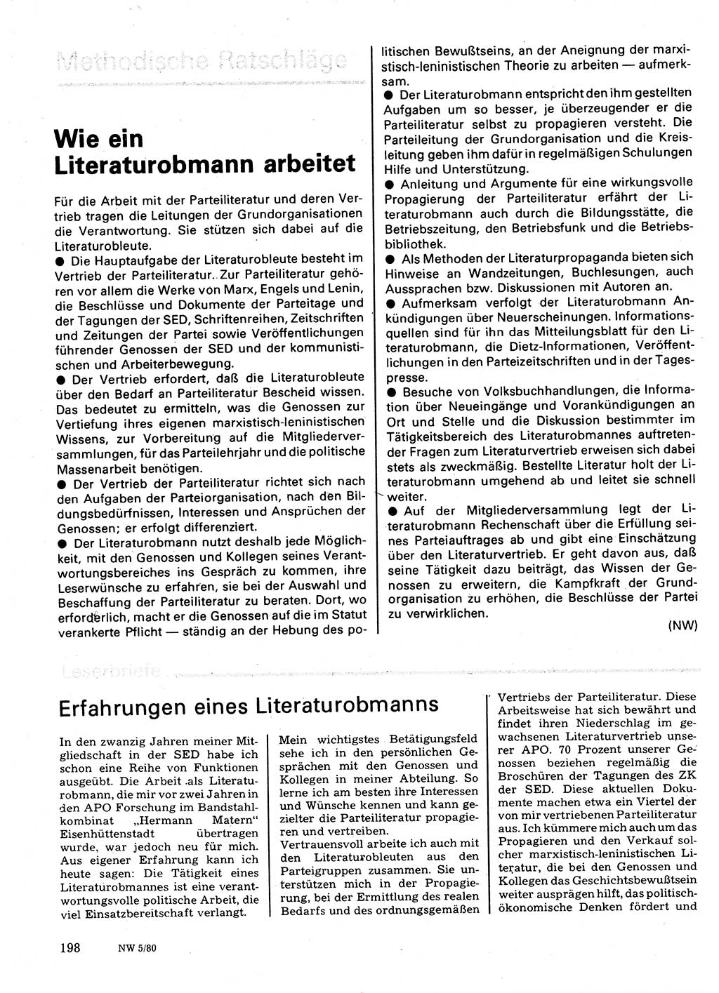 Neuer Weg (NW), Organ des Zentralkomitees (ZK) der SED (Sozialistische Einheitspartei Deutschlands) für Fragen des Parteilebens, 35. Jahrgang [Deutsche Demokratische Republik (DDR)] 1980, Seite 198 (NW ZK SED DDR 1980, S. 198)