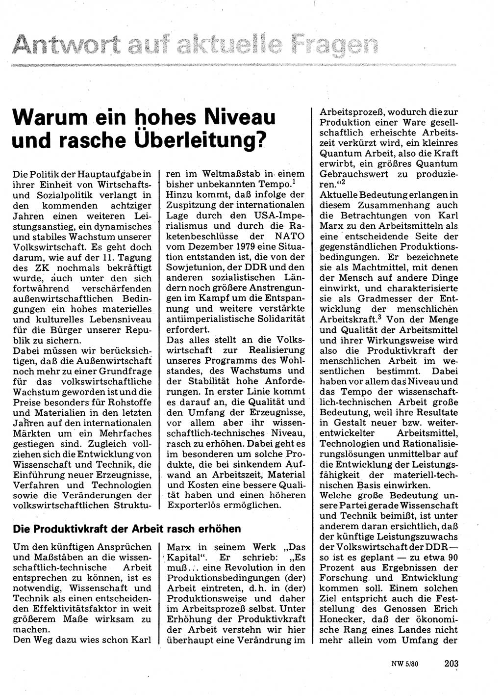 Neuer Weg (NW), Organ des Zentralkomitees (ZK) der SED (Sozialistische Einheitspartei Deutschlands) für Fragen des Parteilebens, 35. Jahrgang [Deutsche Demokratische Republik (DDR)] 1980, Seite 203 (NW ZK SED DDR 1980, S. 203)