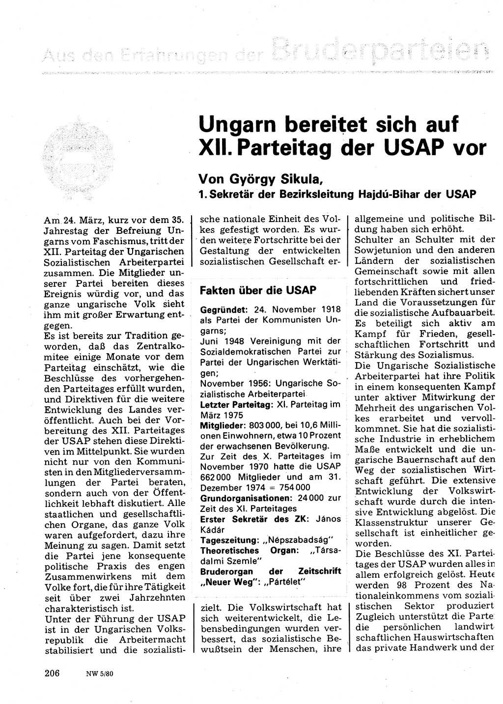 Neuer Weg (NW), Organ des Zentralkomitees (ZK) der SED (Sozialistische Einheitspartei Deutschlands) für Fragen des Parteilebens, 35. Jahrgang [Deutsche Demokratische Republik (DDR)] 1980, Seite 206 (NW ZK SED DDR 1980, S. 206)