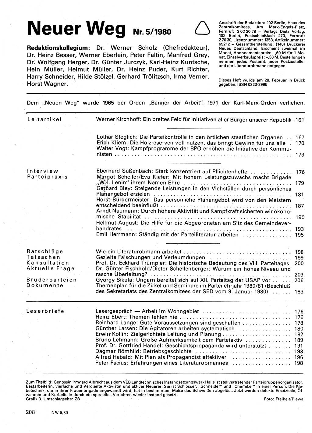 Neuer Weg (NW), Organ des Zentralkomitees (ZK) der SED (Sozialistische Einheitspartei Deutschlands) für Fragen des Parteilebens, 35. Jahrgang [Deutsche Demokratische Republik (DDR)] 1980, Seite 208 (NW ZK SED DDR 1980, S. 208)