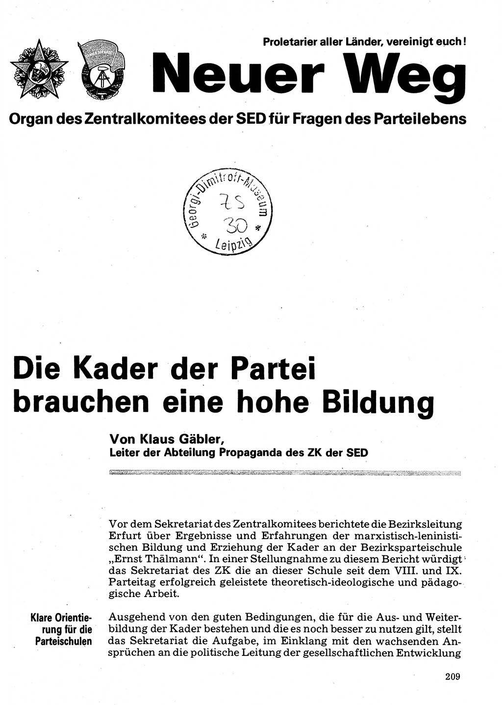 Neuer Weg (NW), Organ des Zentralkomitees (ZK) der SED (Sozialistische Einheitspartei Deutschlands) für Fragen des Parteilebens, 35. Jahrgang [Deutsche Demokratische Republik (DDR)] 1980, Seite 209 (NW ZK SED DDR 1980, S. 209)