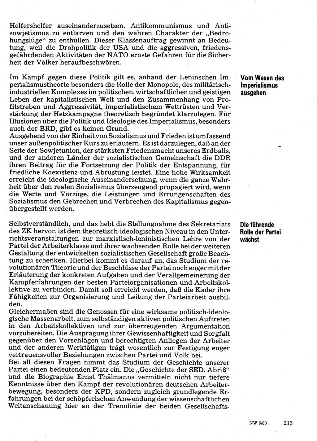 Neuer Weg (NW), Organ des Zentralkomitees (ZK) der SED (Sozialistische Einheitspartei Deutschlands) für Fragen des Parteilebens, 35. Jahrgang [Deutsche Demokratische Republik (DDR)] 1980, Seite 213 (NW ZK SED DDR 1980, S. 213)