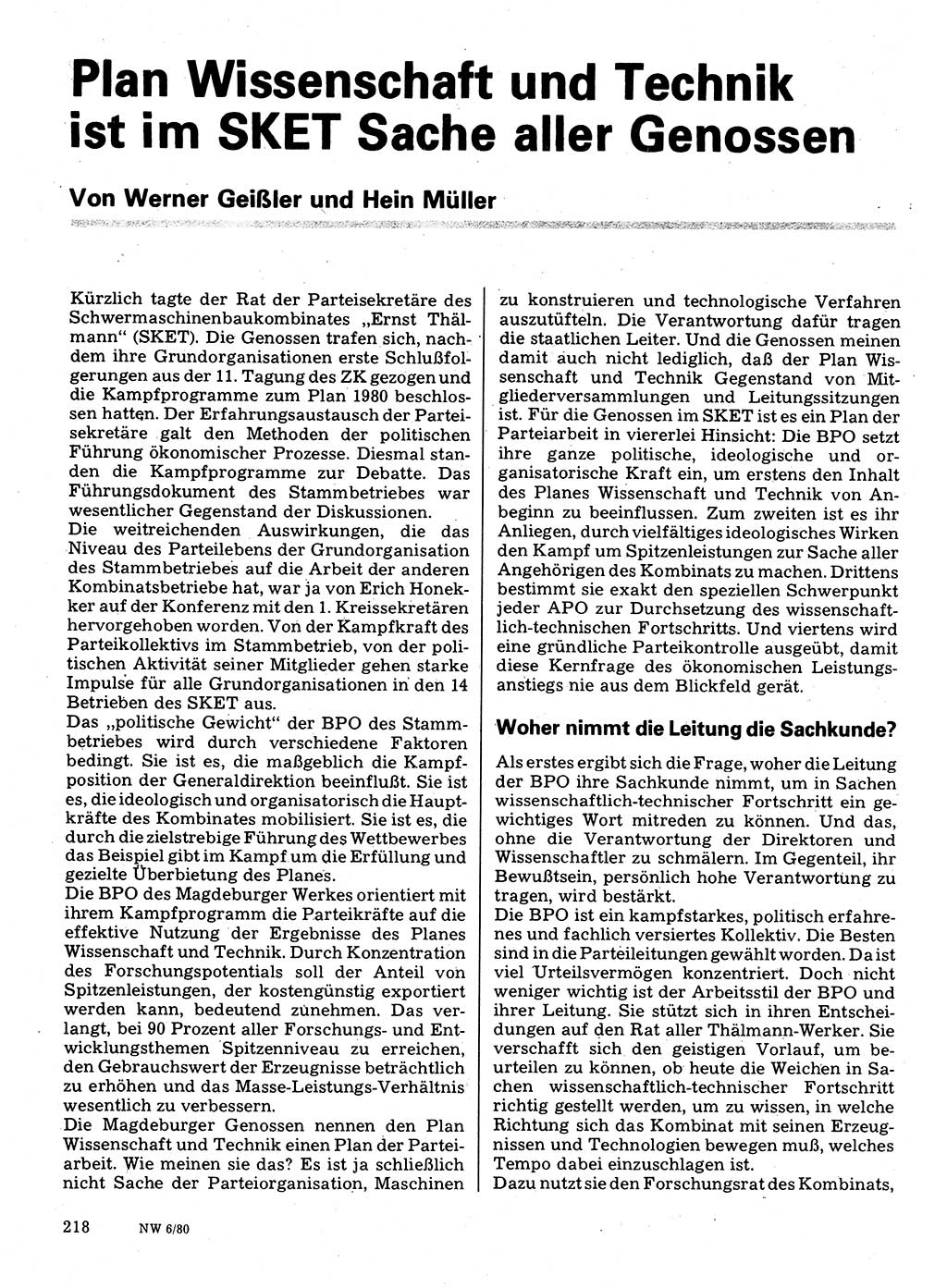 Neuer Weg (NW), Organ des Zentralkomitees (ZK) der SED (Sozialistische Einheitspartei Deutschlands) für Fragen des Parteilebens, 35. Jahrgang [Deutsche Demokratische Republik (DDR)] 1980, Seite 218 (NW ZK SED DDR 1980, S. 218)