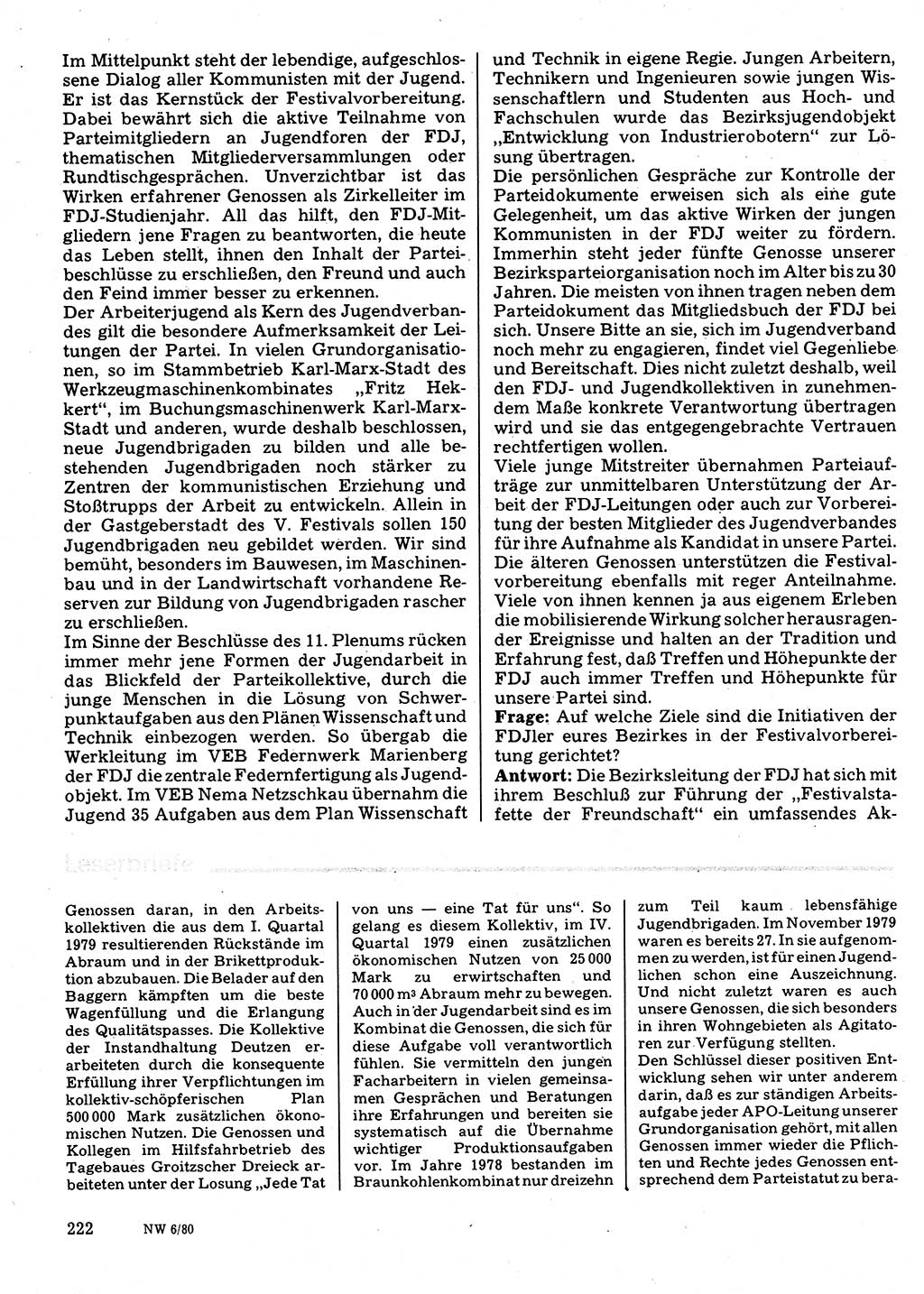 Neuer Weg (NW), Organ des Zentralkomitees (ZK) der SED (Sozialistische Einheitspartei Deutschlands) für Fragen des Parteilebens, 35. Jahrgang [Deutsche Demokratische Republik (DDR)] 1980, Seite 222 (NW ZK SED DDR 1980, S. 222)