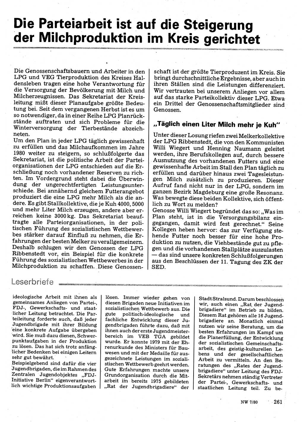 Neuer Weg (NW), Organ des Zentralkomitees (ZK) der SED (Sozialistische Einheitspartei Deutschlands) für Fragen des Parteilebens, 35. Jahrgang [Deutsche Demokratische Republik (DDR)] 1980, Seite 261 (NW ZK SED DDR 1980, S. 261)