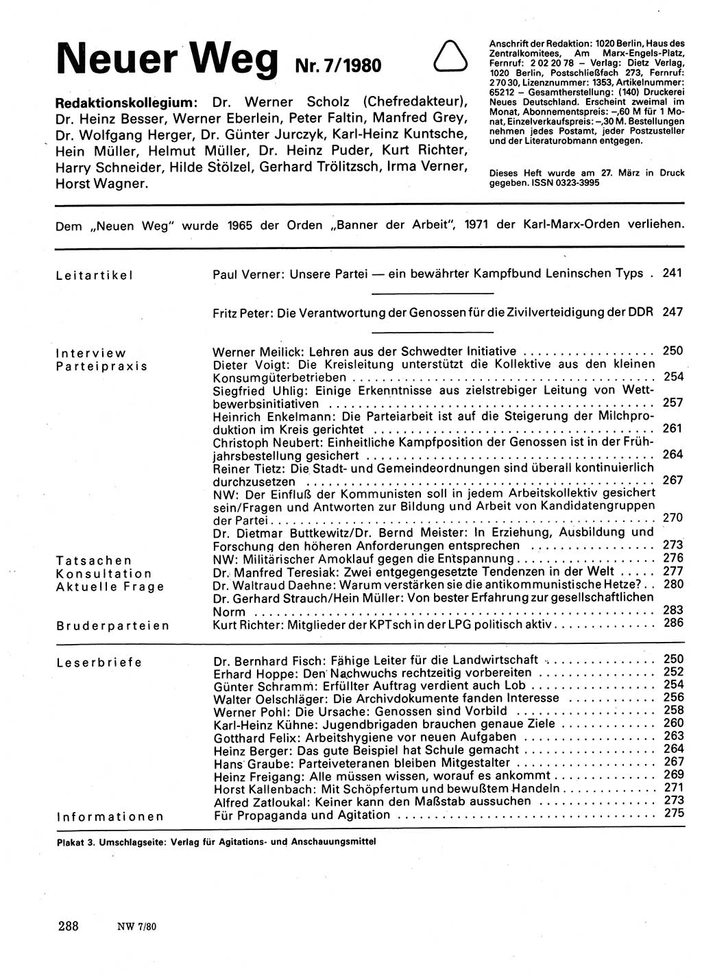 Neuer Weg (NW), Organ des Zentralkomitees (ZK) der SED (Sozialistische Einheitspartei Deutschlands) für Fragen des Parteilebens, 35. Jahrgang [Deutsche Demokratische Republik (DDR)] 1980, Seite 288 (NW ZK SED DDR 1980, S. 288)