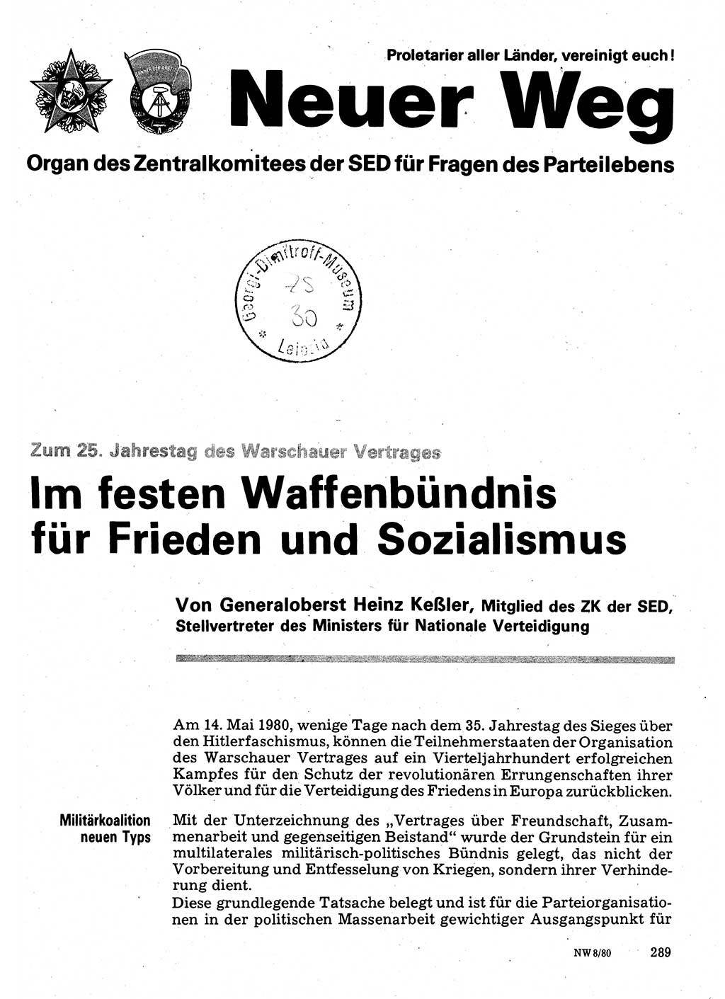 Neuer Weg (NW), Organ des Zentralkomitees (ZK) der SED (Sozialistische Einheitspartei Deutschlands) für Fragen des Parteilebens, 35. Jahrgang [Deutsche Demokratische Republik (DDR)] 1980, Seite 289 (NW ZK SED DDR 1980, S. 289)