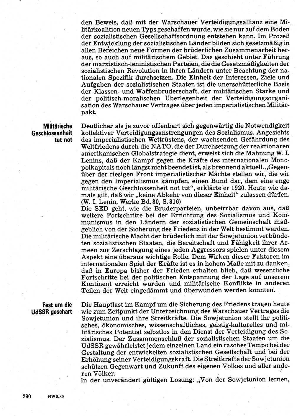 Neuer Weg (NW), Organ des Zentralkomitees (ZK) der SED (Sozialistische Einheitspartei Deutschlands) für Fragen des Parteilebens, 35. Jahrgang [Deutsche Demokratische Republik (DDR)] 1980, Seite 290 (NW ZK SED DDR 1980, S. 290)