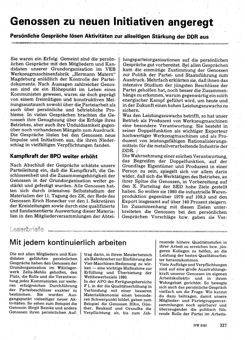 Neuer Weg (NW), Organ des Zentralkomitees (ZK) der SED (Sozialistische Einheitspartei Deutschlands) für Fragen des Parteilebens, 35. Jahrgang [Deutsche Demokratische Republik (DDR)] 1980, Seite 337 (NW ZK SED DDR 1980, S. 337)