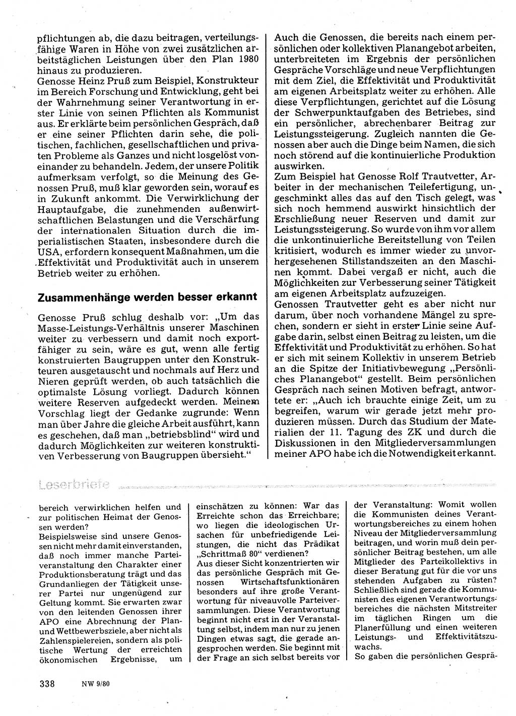 Neuer Weg (NW), Organ des Zentralkomitees (ZK) der SED (Sozialistische Einheitspartei Deutschlands) für Fragen des Parteilebens, 35. Jahrgang [Deutsche Demokratische Republik (DDR)] 1980, Seite 338 (NW ZK SED DDR 1980, S. 338)