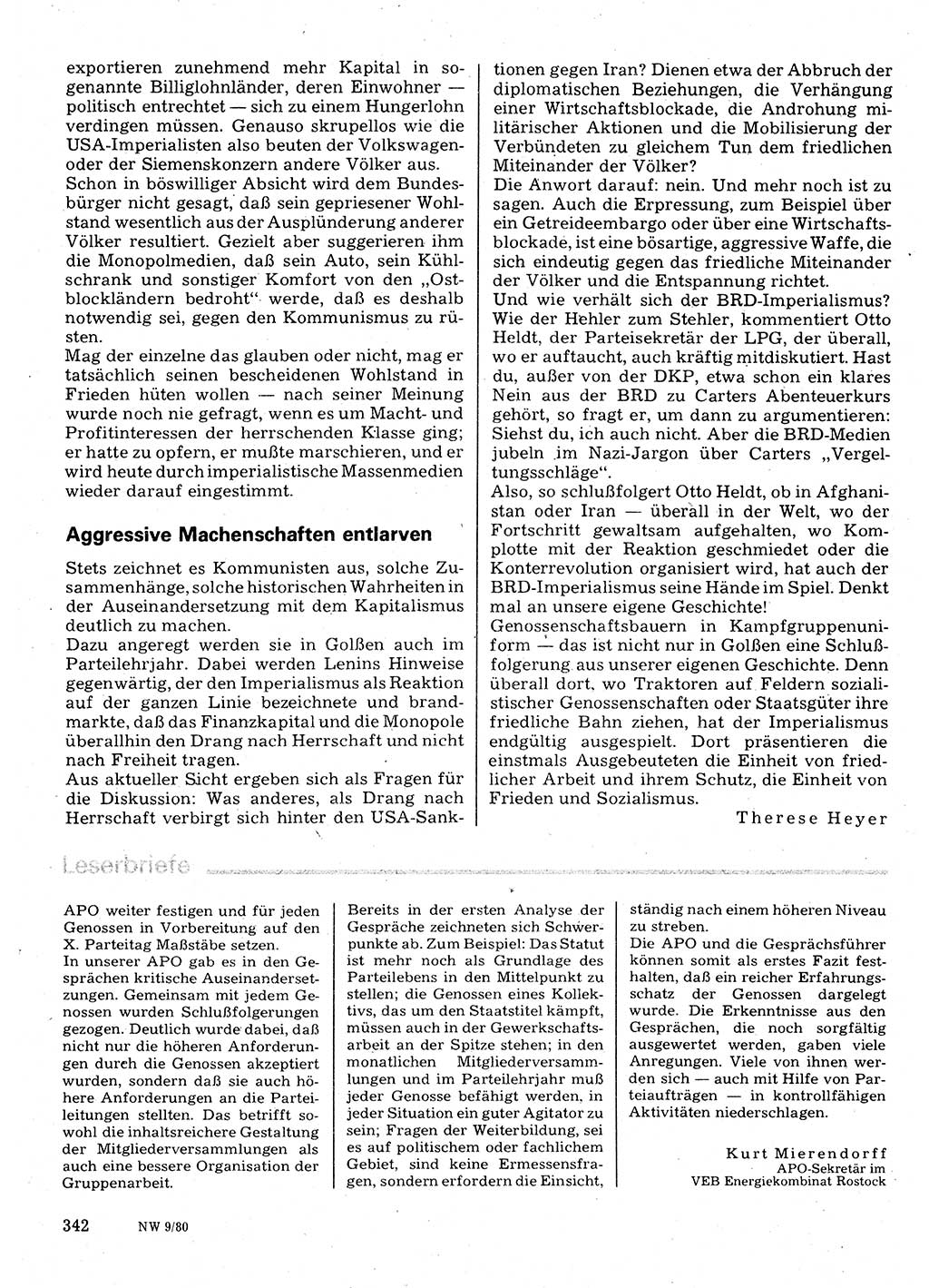 Neuer Weg (NW), Organ des Zentralkomitees (ZK) der SED (Sozialistische Einheitspartei Deutschlands) für Fragen des Parteilebens, 35. Jahrgang [Deutsche Demokratische Republik (DDR)] 1980, Seite 342 (NW ZK SED DDR 1980, S. 342)