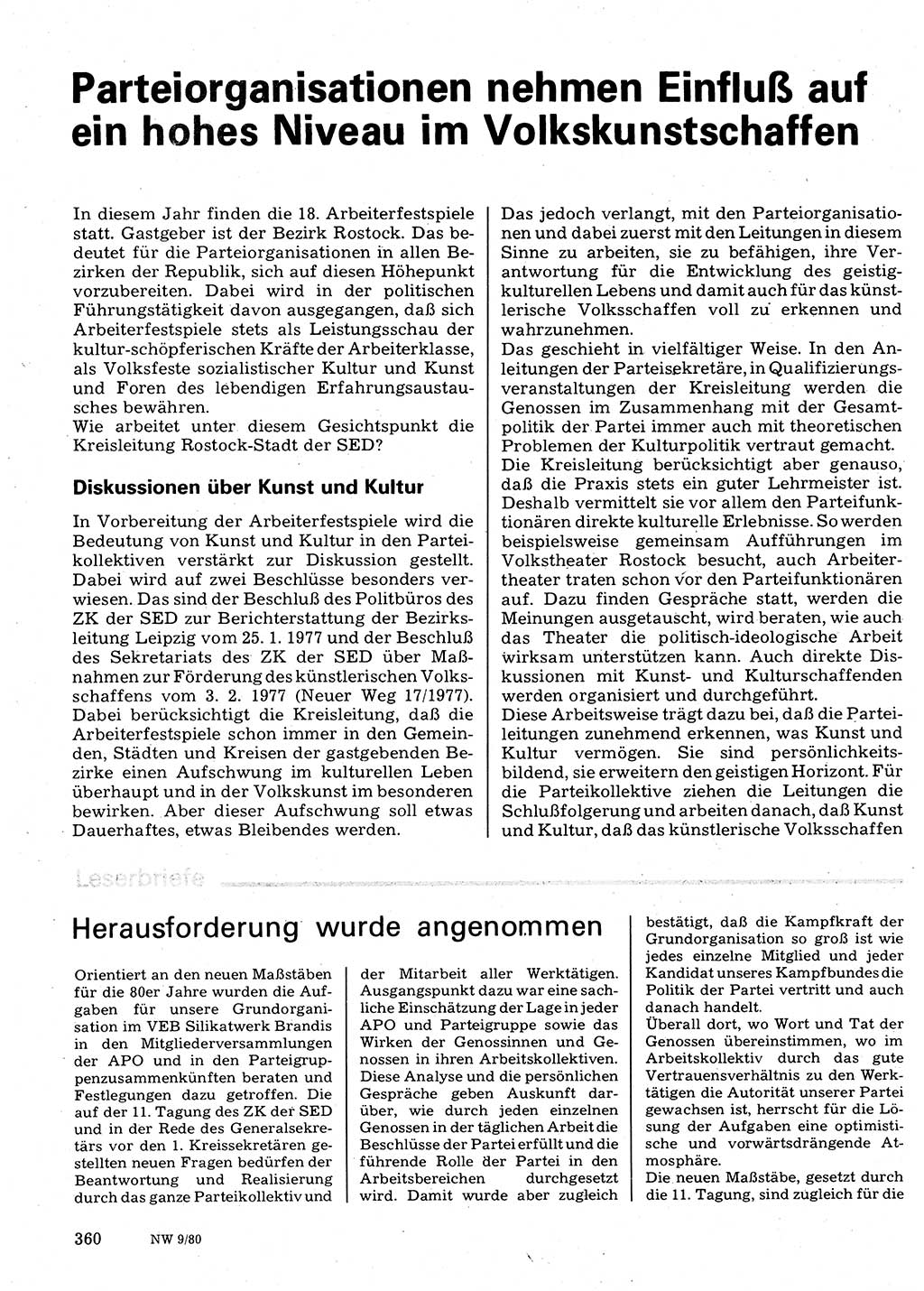 Neuer Weg (NW), Organ des Zentralkomitees (ZK) der SED (Sozialistische Einheitspartei Deutschlands) fÃ¼r Fragen des Parteilebens, 35. Jahrgang [Deutsche Demokratische Republik (DDR)] 1980, Seite 360 (NW ZK SED DDR 1980, S. 360)