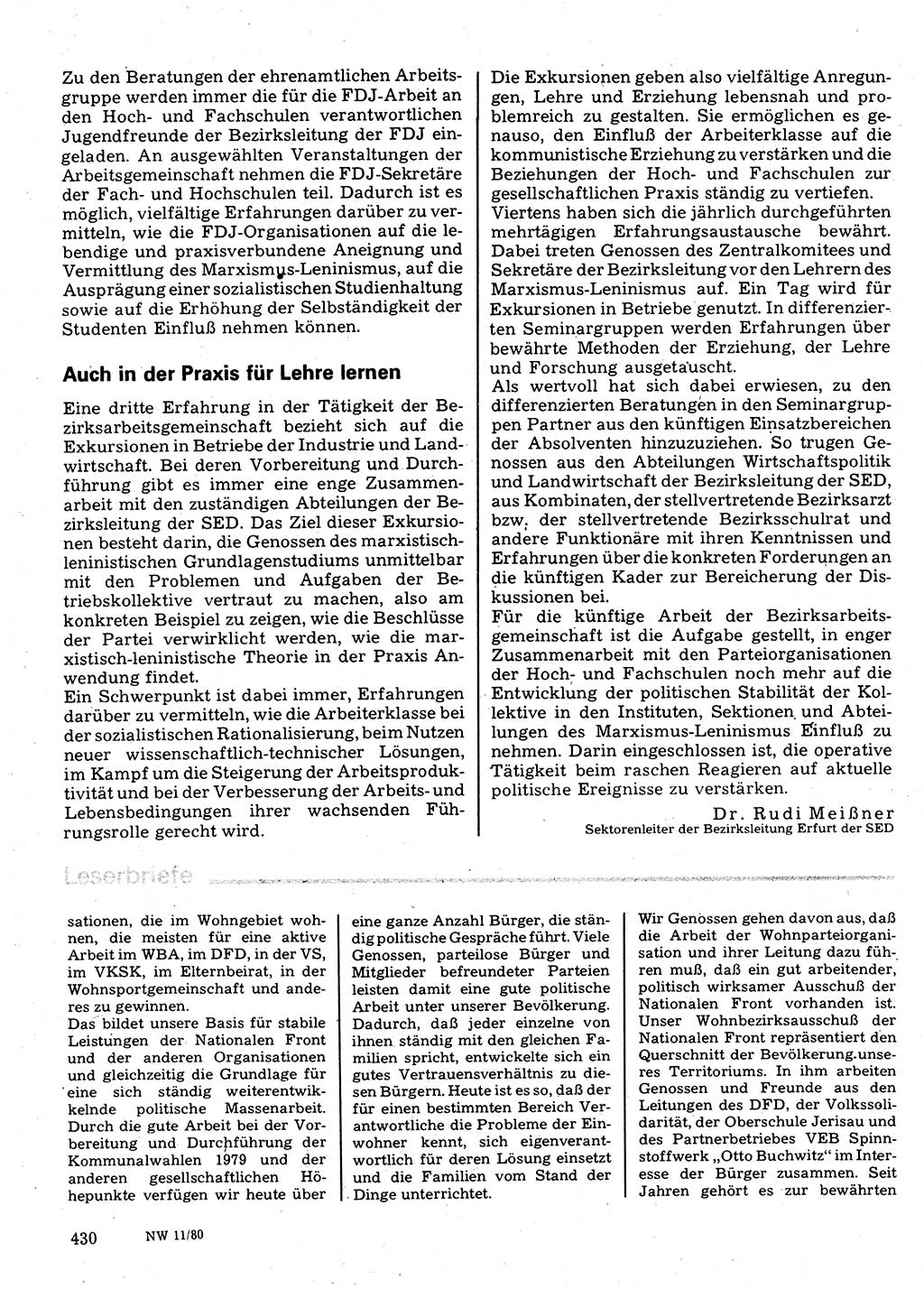 Neuer Weg (NW), Organ des Zentralkomitees (ZK) der SED (Sozialistische Einheitspartei Deutschlands) für Fragen des Parteilebens, 35. Jahrgang [Deutsche Demokratische Republik (DDR)] 1980, Seite 430 (NW ZK SED DDR 1980, S. 430)