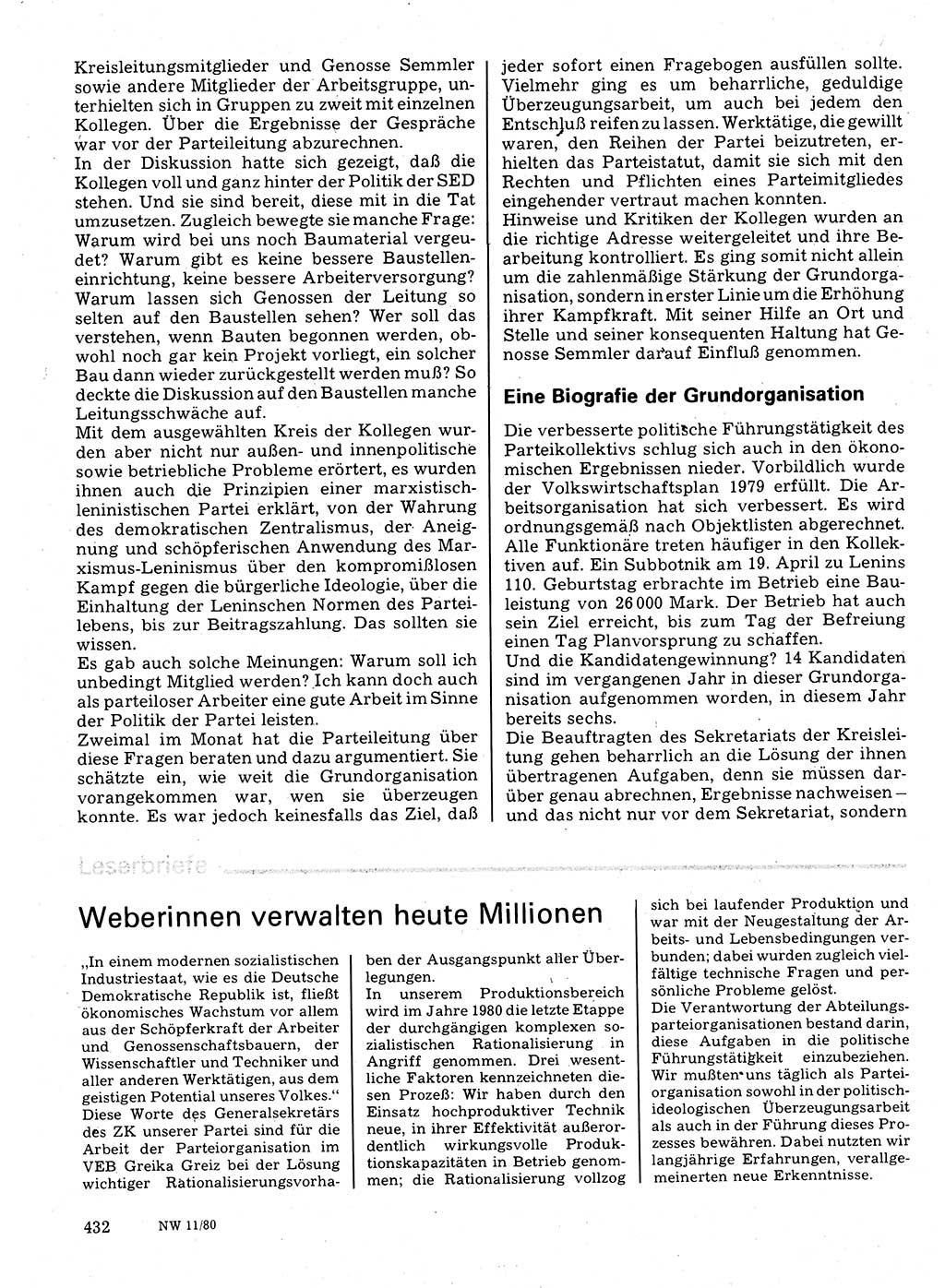 Neuer Weg (NW), Organ des Zentralkomitees (ZK) der SED (Sozialistische Einheitspartei Deutschlands) für Fragen des Parteilebens, 35. Jahrgang [Deutsche Demokratische Republik (DDR)] 1980, Seite 432 (NW ZK SED DDR 1980, S. 432)