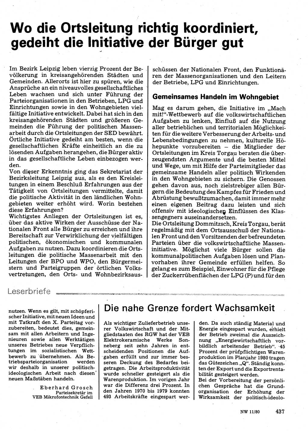 Neuer Weg (NW), Organ des Zentralkomitees (ZK) der SED (Sozialistische Einheitspartei Deutschlands) für Fragen des Parteilebens, 35. Jahrgang [Deutsche Demokratische Republik (DDR)] 1980, Seite 437 (NW ZK SED DDR 1980, S. 437)