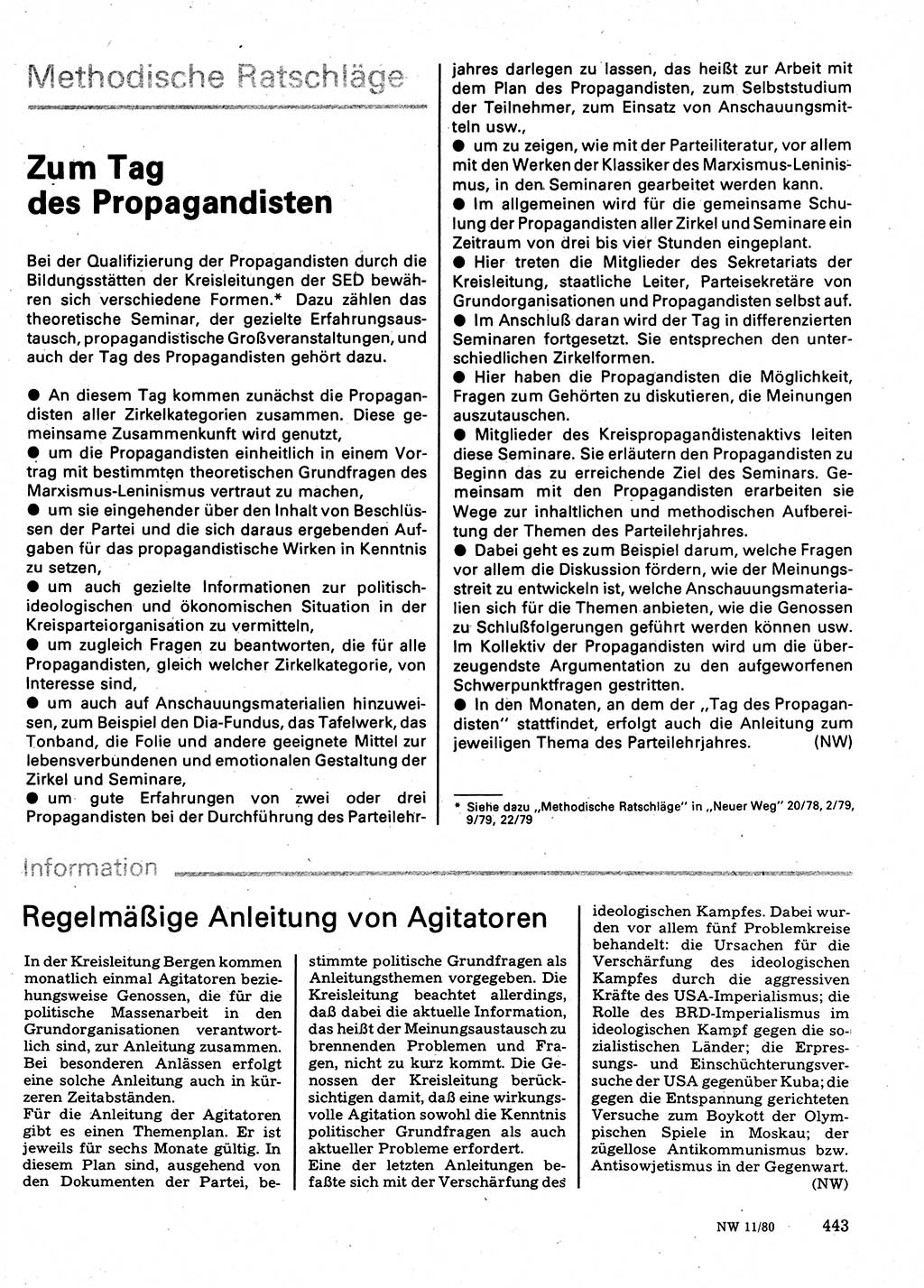 Neuer Weg (NW), Organ des Zentralkomitees (ZK) der SED (Sozialistische Einheitspartei Deutschlands) für Fragen des Parteilebens, 35. Jahrgang [Deutsche Demokratische Republik (DDR)] 1980, Seite 443 (NW ZK SED DDR 1980, S. 443)