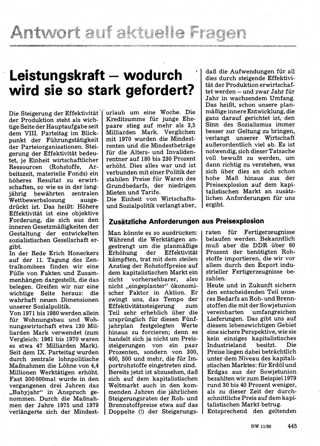 Neuer Weg (NW), Organ des Zentralkomitees (ZK) der SED (Sozialistische Einheitspartei Deutschlands) für Fragen des Parteilebens, 35. Jahrgang [Deutsche Demokratische Republik (DDR)] 1980, Seite 445 (NW ZK SED DDR 1980, S. 445)