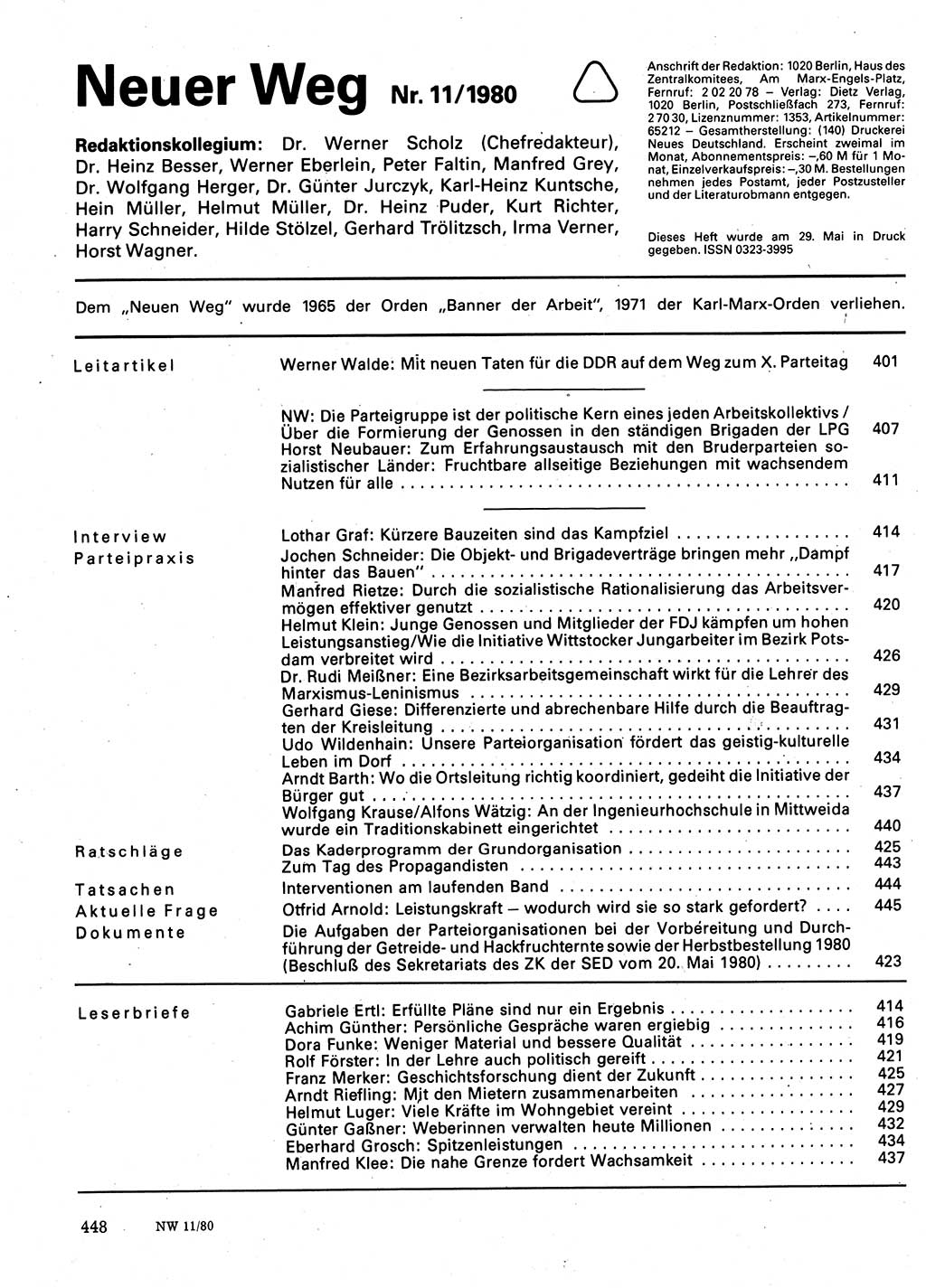 Neuer Weg (NW), Organ des Zentralkomitees (ZK) der SED (Sozialistische Einheitspartei Deutschlands) für Fragen des Parteilebens, 35. Jahrgang [Deutsche Demokratische Republik (DDR)] 1980, Seite 448 (NW ZK SED DDR 1980, S. 448)