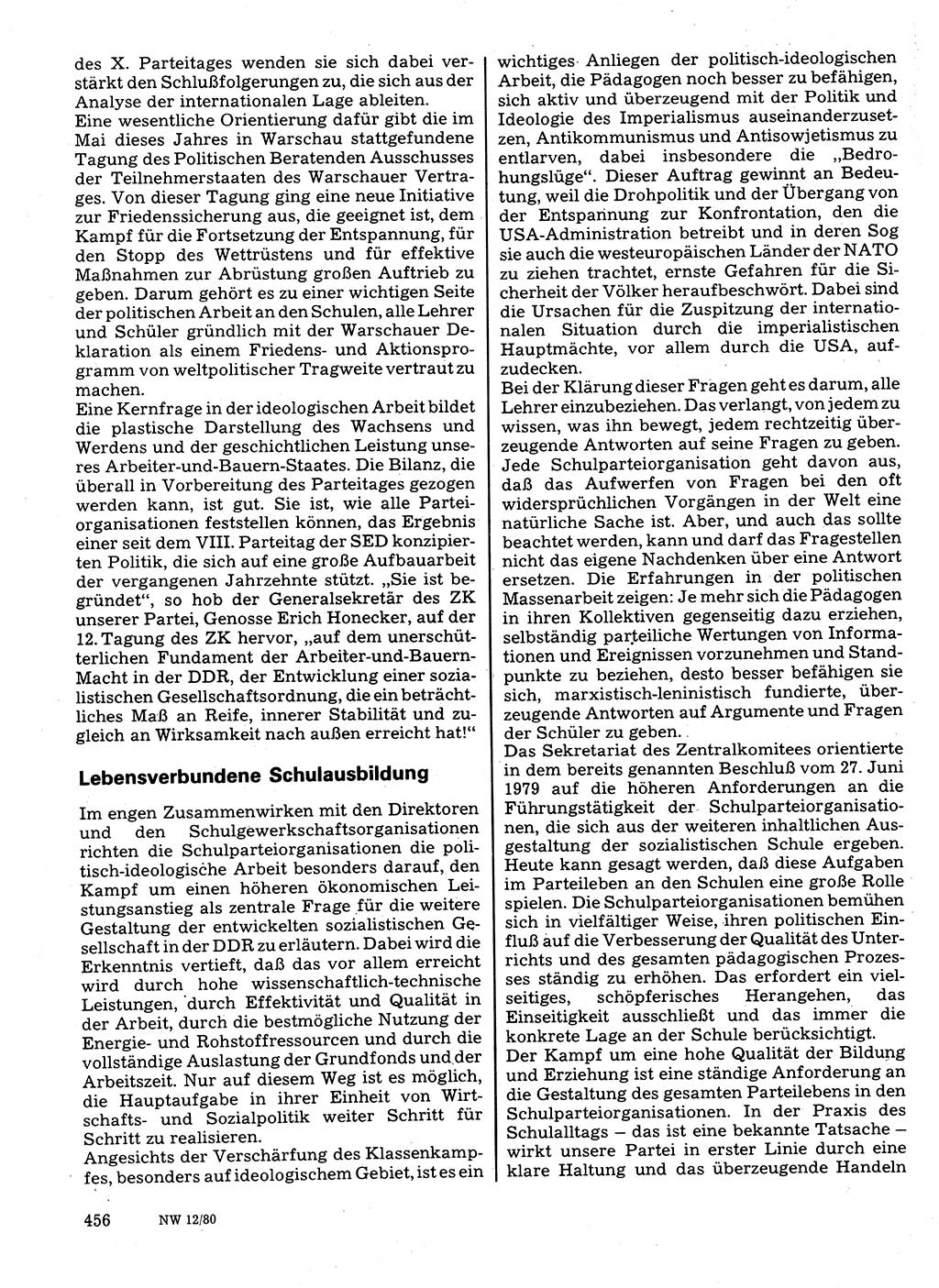 Neuer Weg (NW), Organ des Zentralkomitees (ZK) der SED (Sozialistische Einheitspartei Deutschlands) für Fragen des Parteilebens, 35. Jahrgang [Deutsche Demokratische Republik (DDR)] 1980, Seite 456 (NW ZK SED DDR 1980, S. 456)