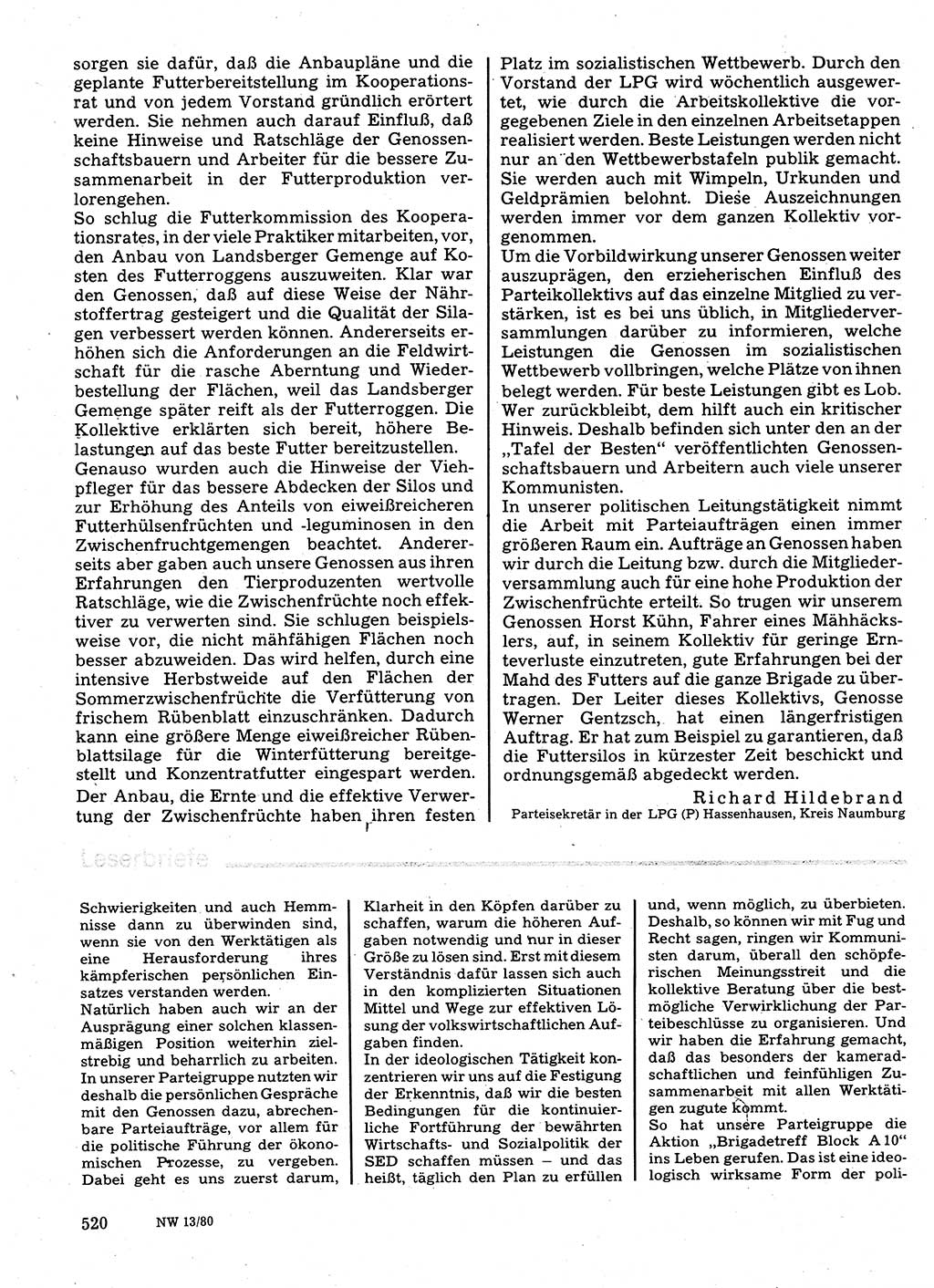 Neuer Weg (NW), Organ des Zentralkomitees (ZK) der SED (Sozialistische Einheitspartei Deutschlands) für Fragen des Parteilebens, 35. Jahrgang [Deutsche Demokratische Republik (DDR)] 1980, Seite 520 (NW ZK SED DDR 1980, S. 520)