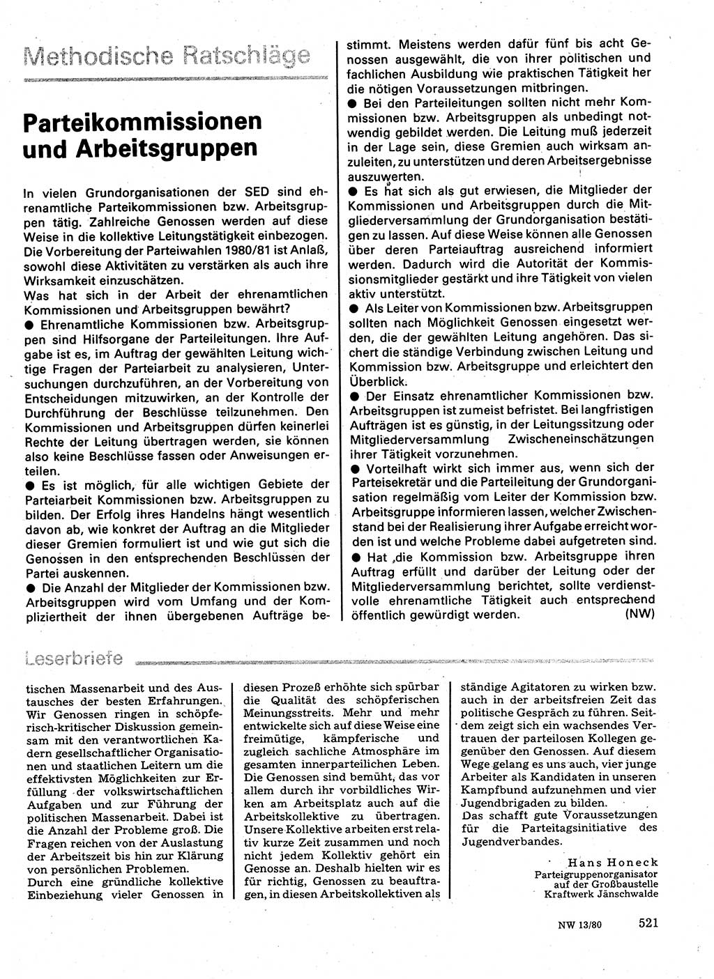 Neuer Weg (NW), Organ des Zentralkomitees (ZK) der SED (Sozialistische Einheitspartei Deutschlands) für Fragen des Parteilebens, 35. Jahrgang [Deutsche Demokratische Republik (DDR)] 1980, Seite 521 (NW ZK SED DDR 1980, S. 521)