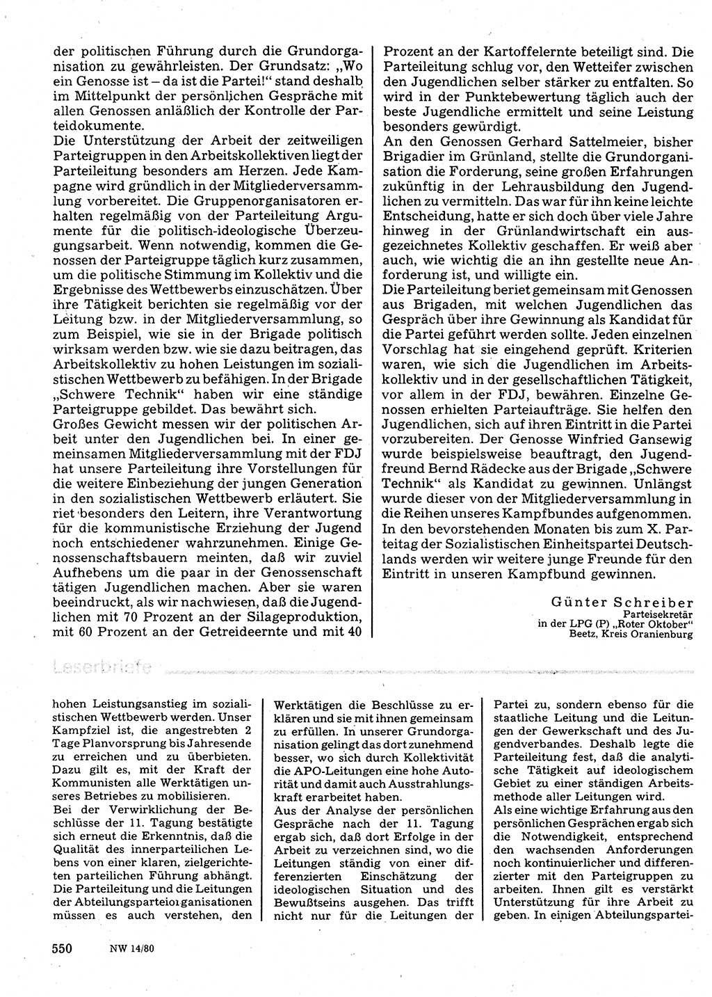 Neuer Weg (NW), Organ des Zentralkomitees (ZK) der SED (Sozialistische Einheitspartei Deutschlands) für Fragen des Parteilebens, 35. Jahrgang [Deutsche Demokratische Republik (DDR)] 1980, Seite 550 (NW ZK SED DDR 1980, S. 550)